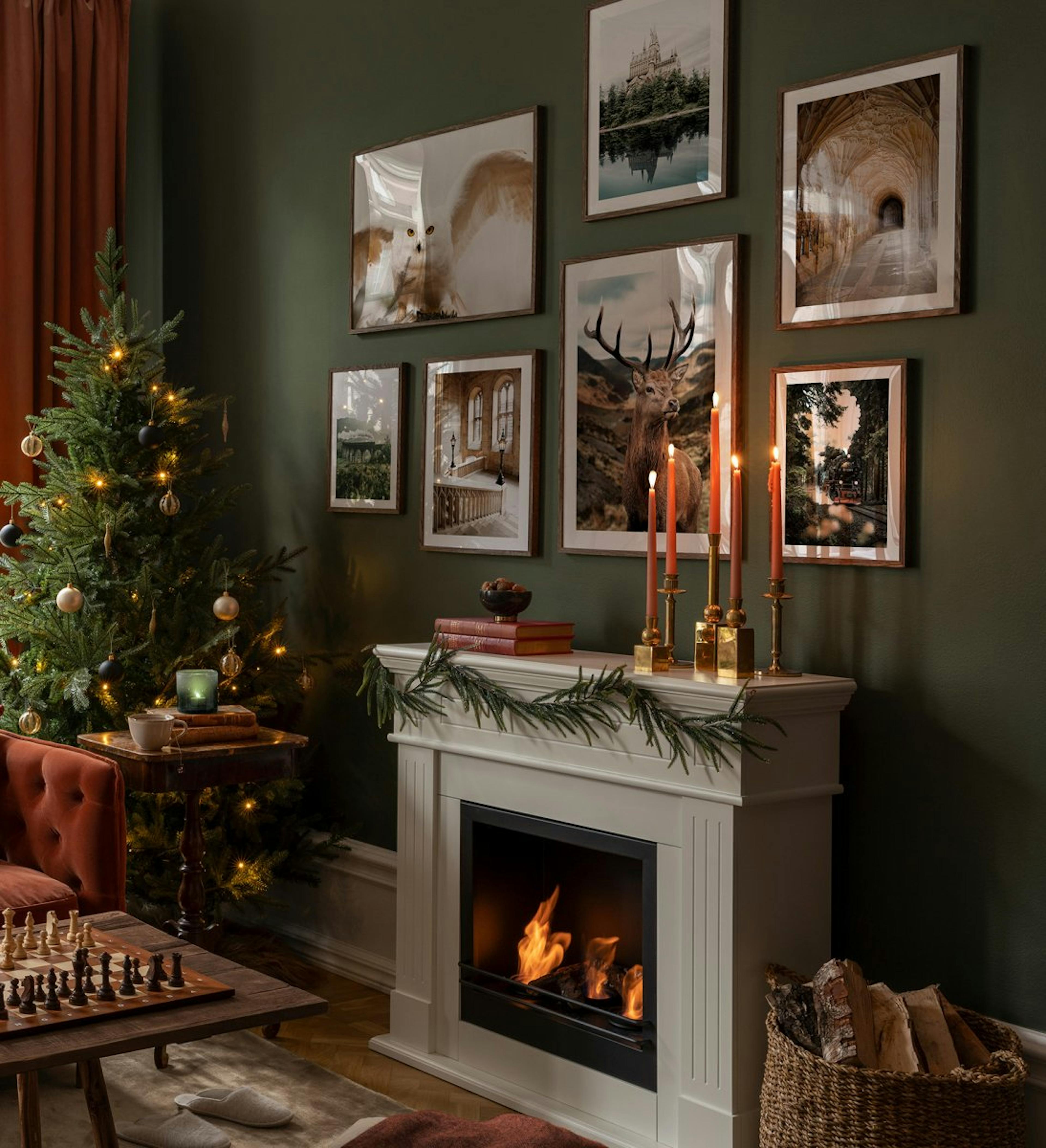 Magical gallery wall with photographs of animals, dark woods and castles with dark oak frames for living room