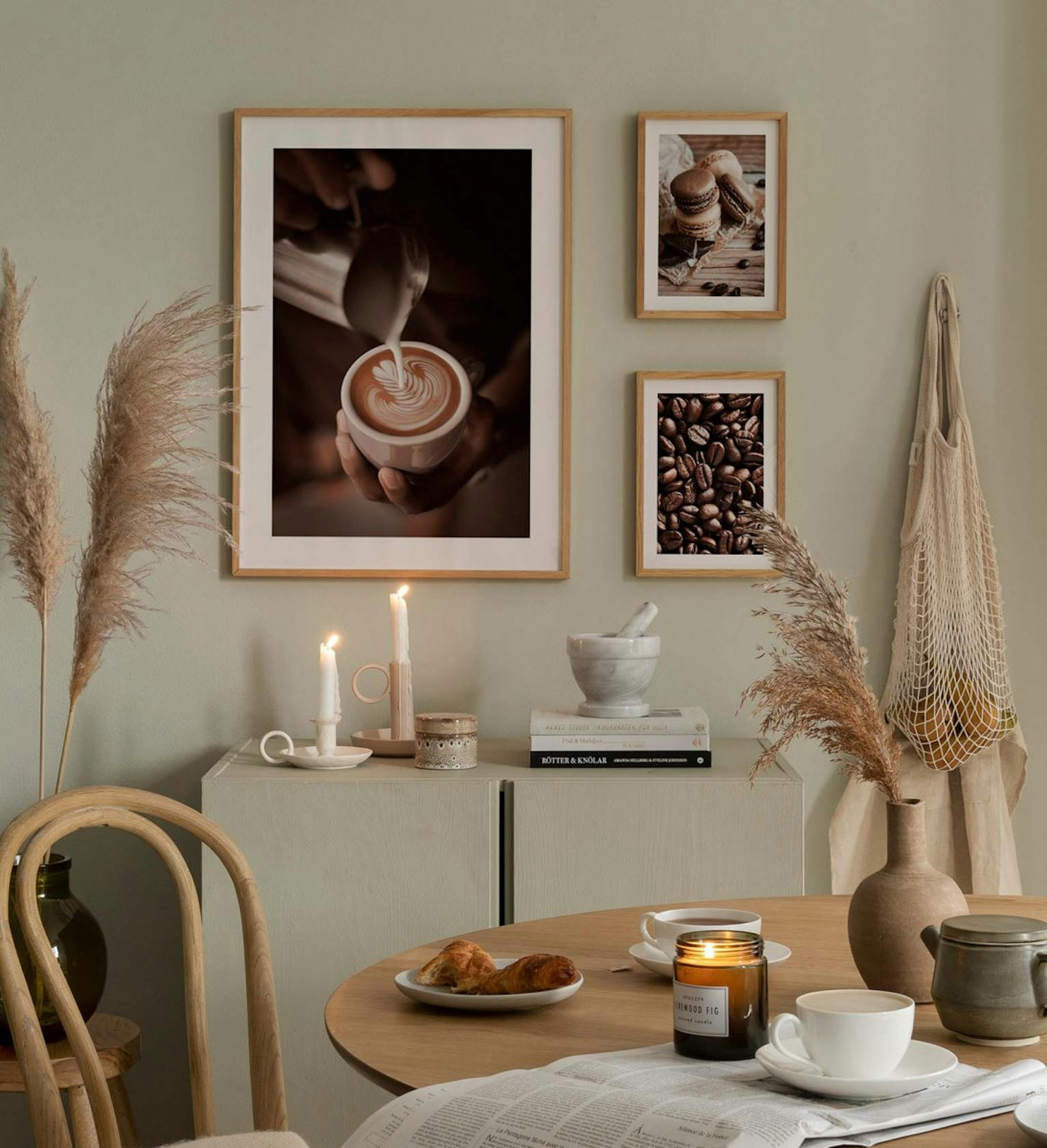 Kitchen gallery wall with oak frames and coffee prints in brown and beige for kitchen
