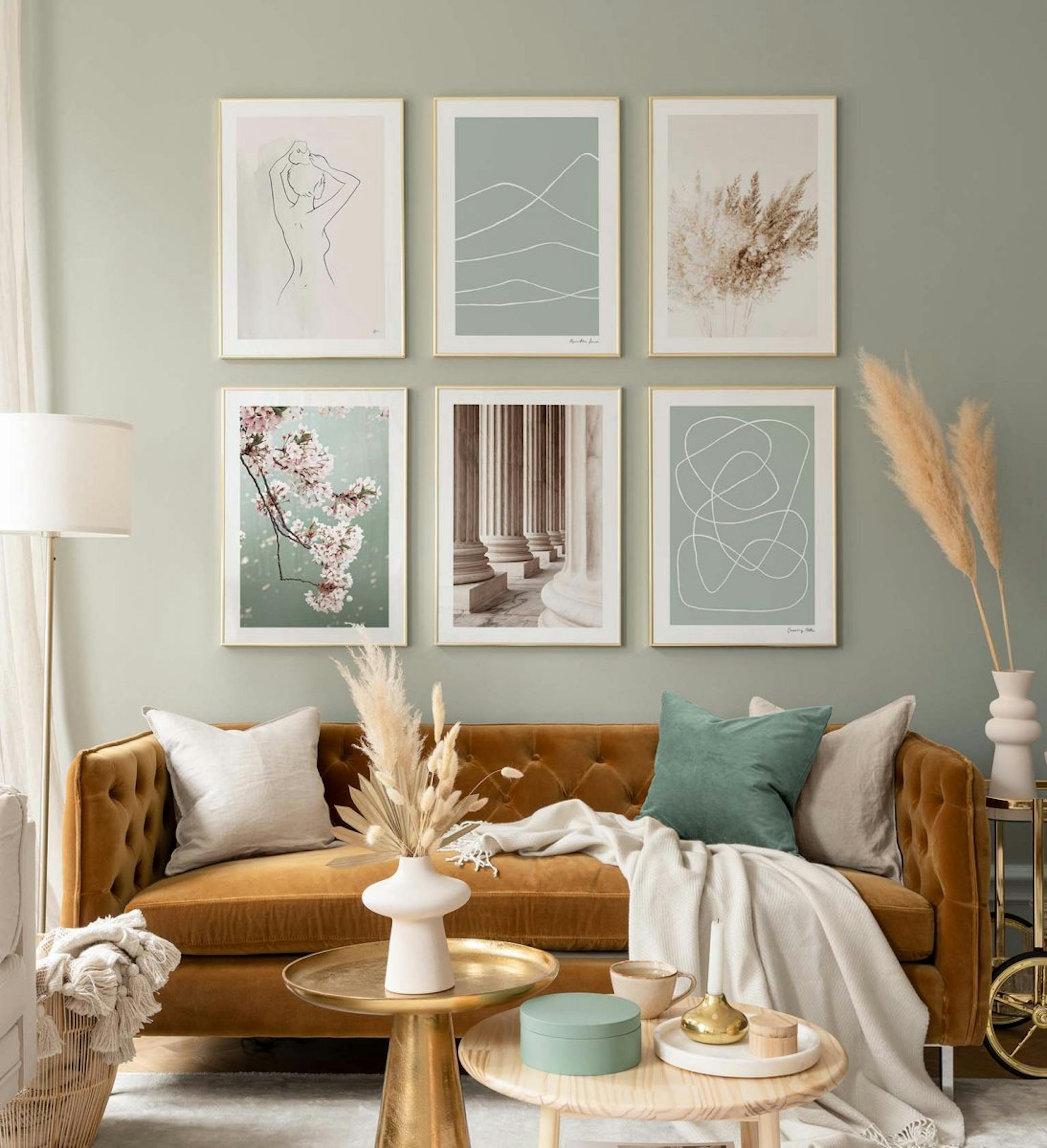 Serene blue and white gallery wall with golden frames for living room