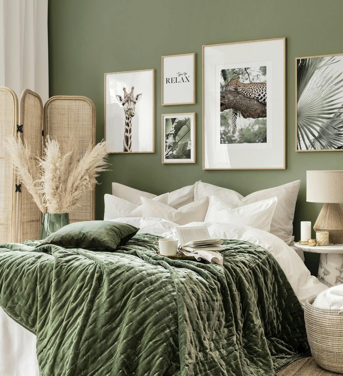 Green landscape and nature gallery wall with oak frames for living room (ONE SIZE) - Poster Store