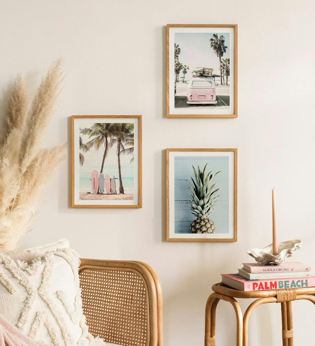 Vakantie gallery wall met strand palm en fruit prenten met eiken lijsten voor woonkamer (ONE SIZE) - Poster Store