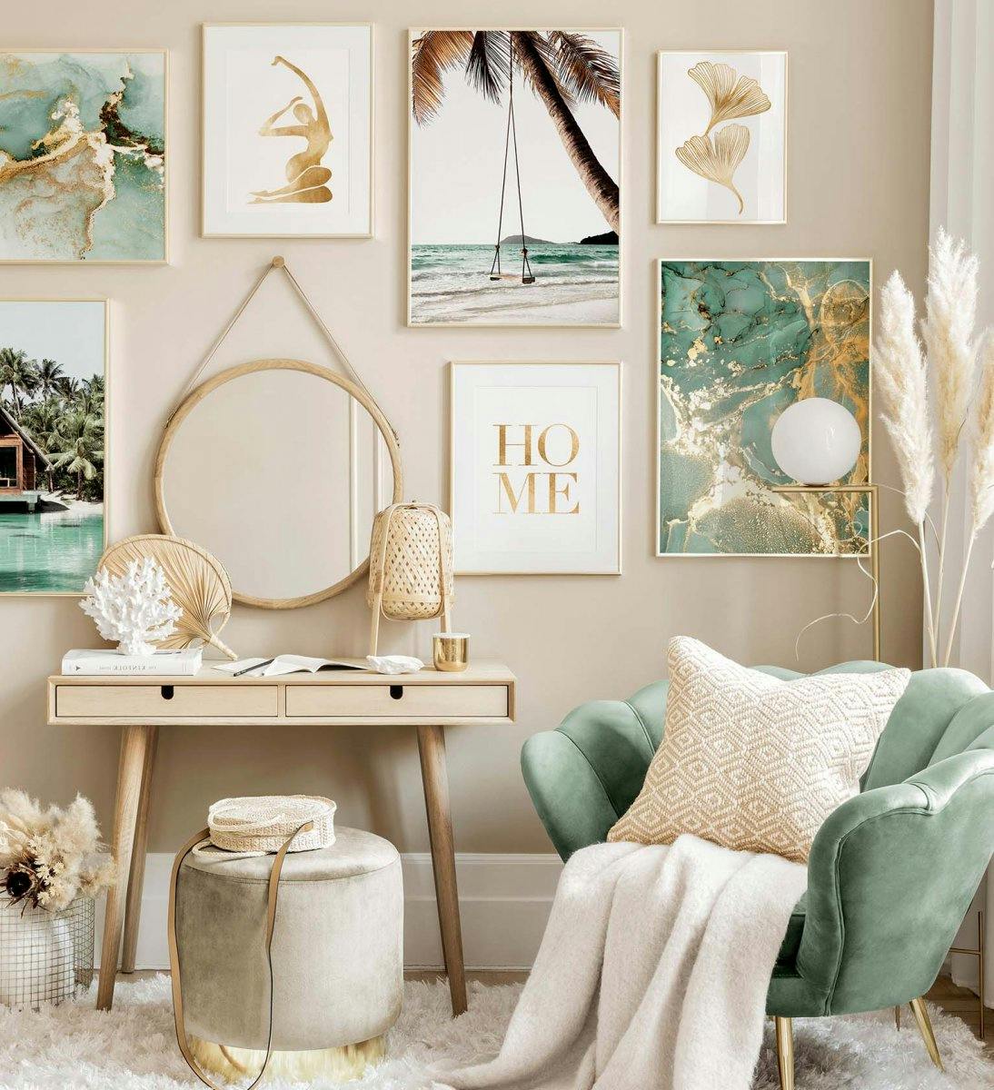 A gallery wall featuring a poster of a beach swing, a poster of a teal abstract with gold, and a poster with the word HOME.