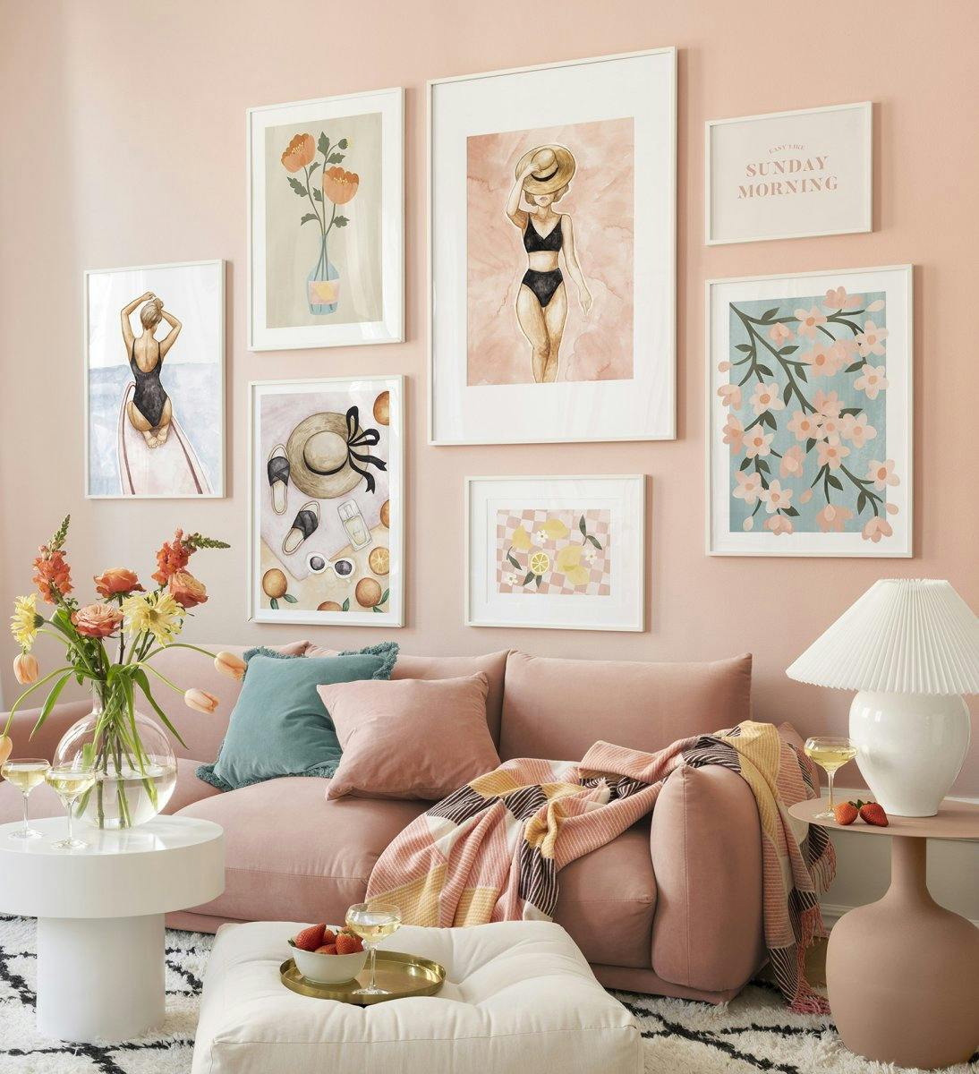Colourful gallery wall with flower prints and illustrations in pink with white frames for living room (ONE SIZE) - Poster Store