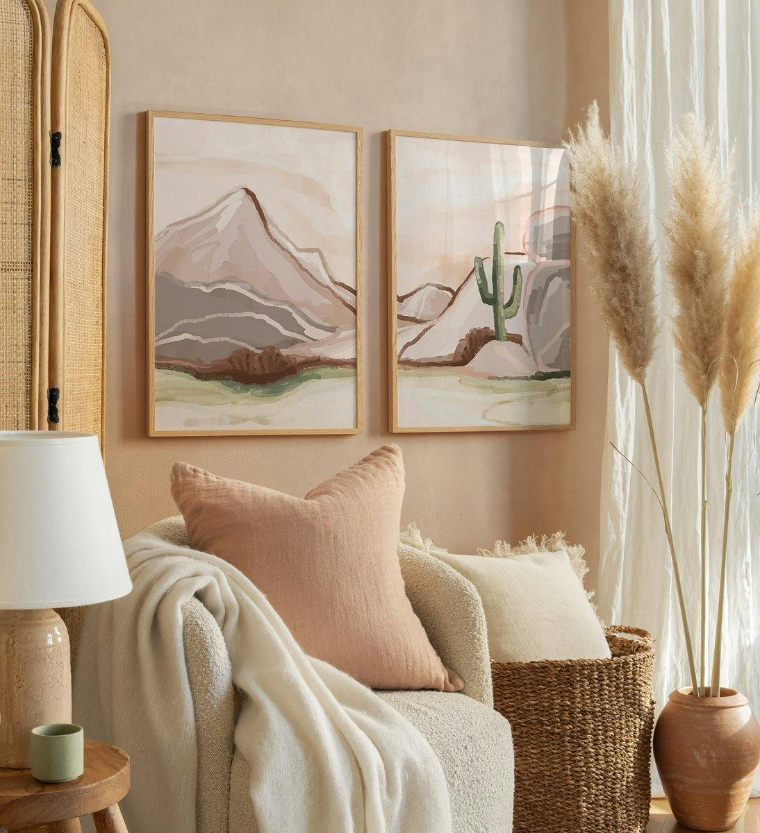 Gebergte-illustratie fotowand in bruin en beige met eikenhouten lijsten voor slaap- of woonkamer (ONE SIZE) - Poster Store
