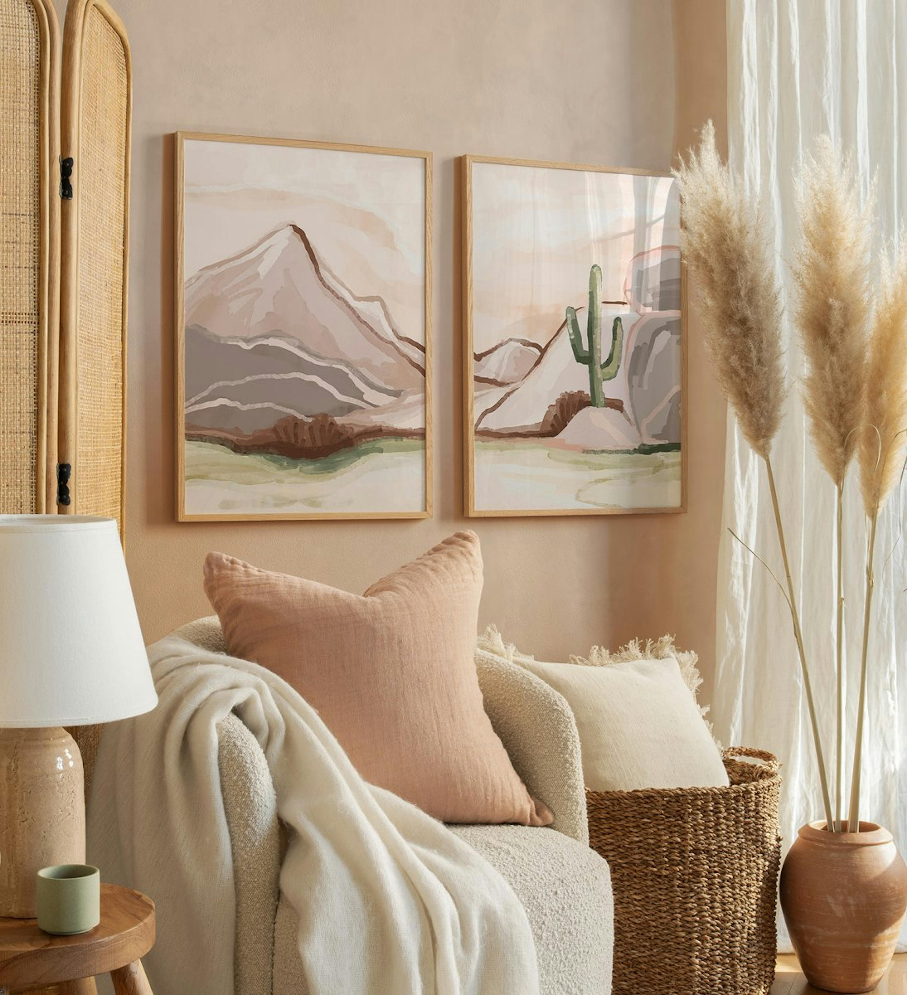 Mountain illustration gallery wall in brown and beige with oak frames for bedroom or living room