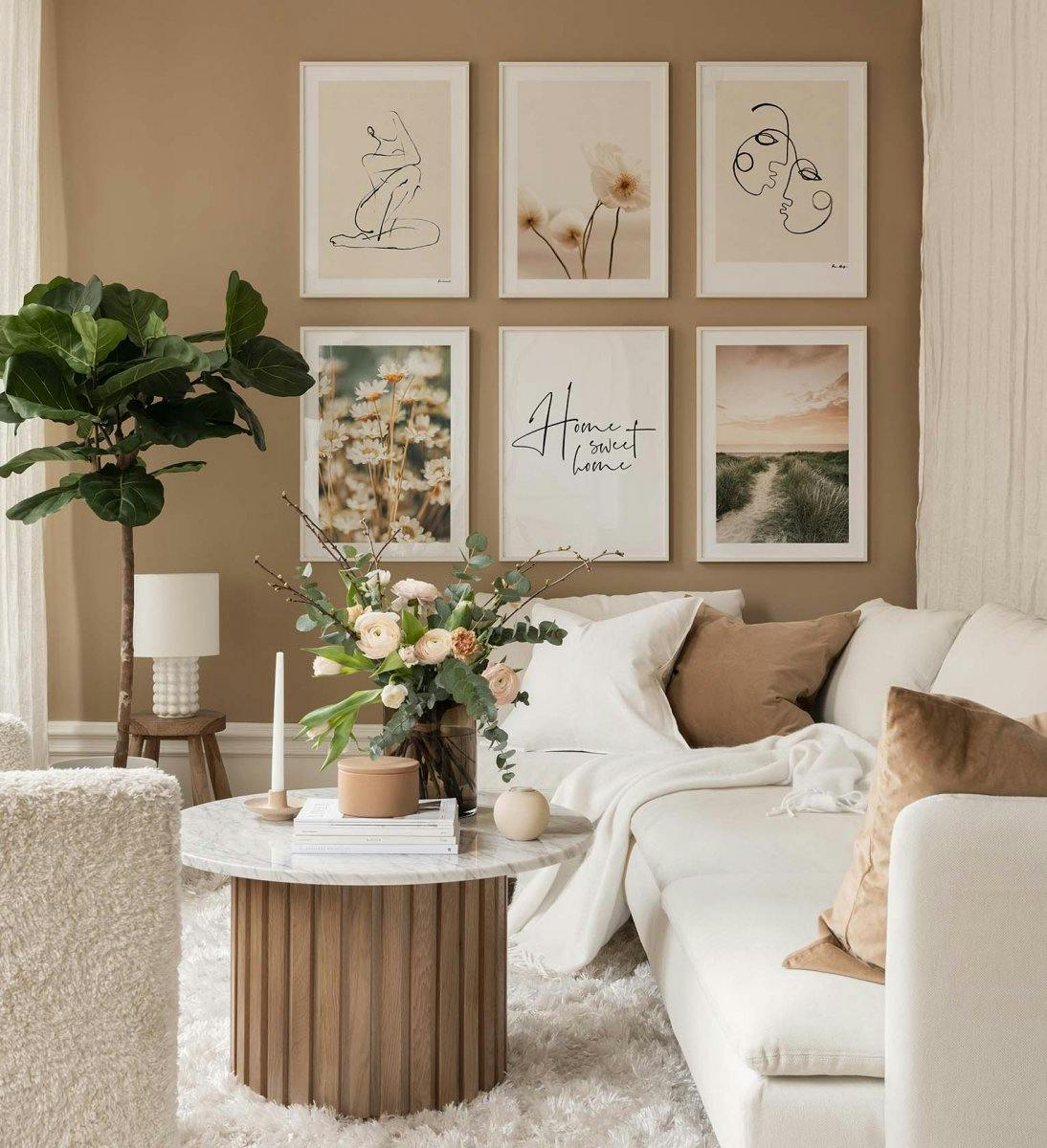 Serene gallery wall in calm colours of the nature combined with line art for the living room (ONE SIZE) - Poster Store