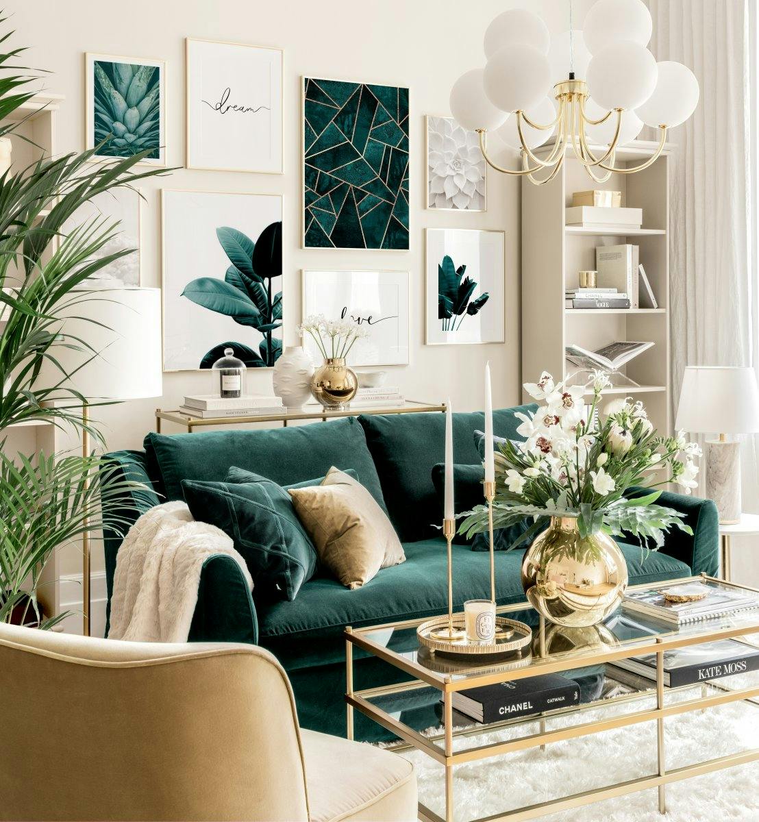 Elegant bildevegg botaniske plakater grønn stue gullrammer (ONE SIZE) - Poster Store