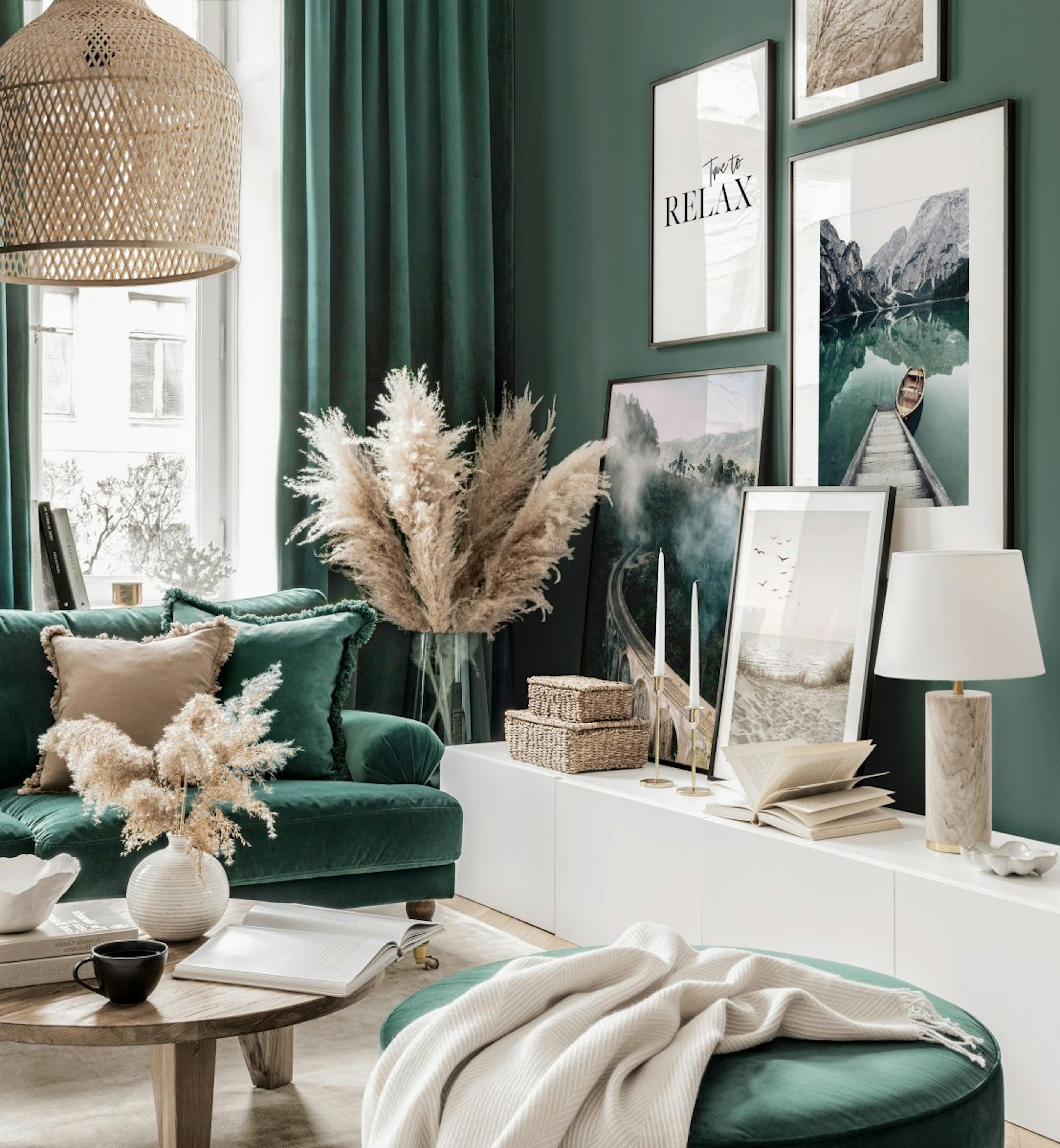 Shades of green wall art dark green living room black wooden frames