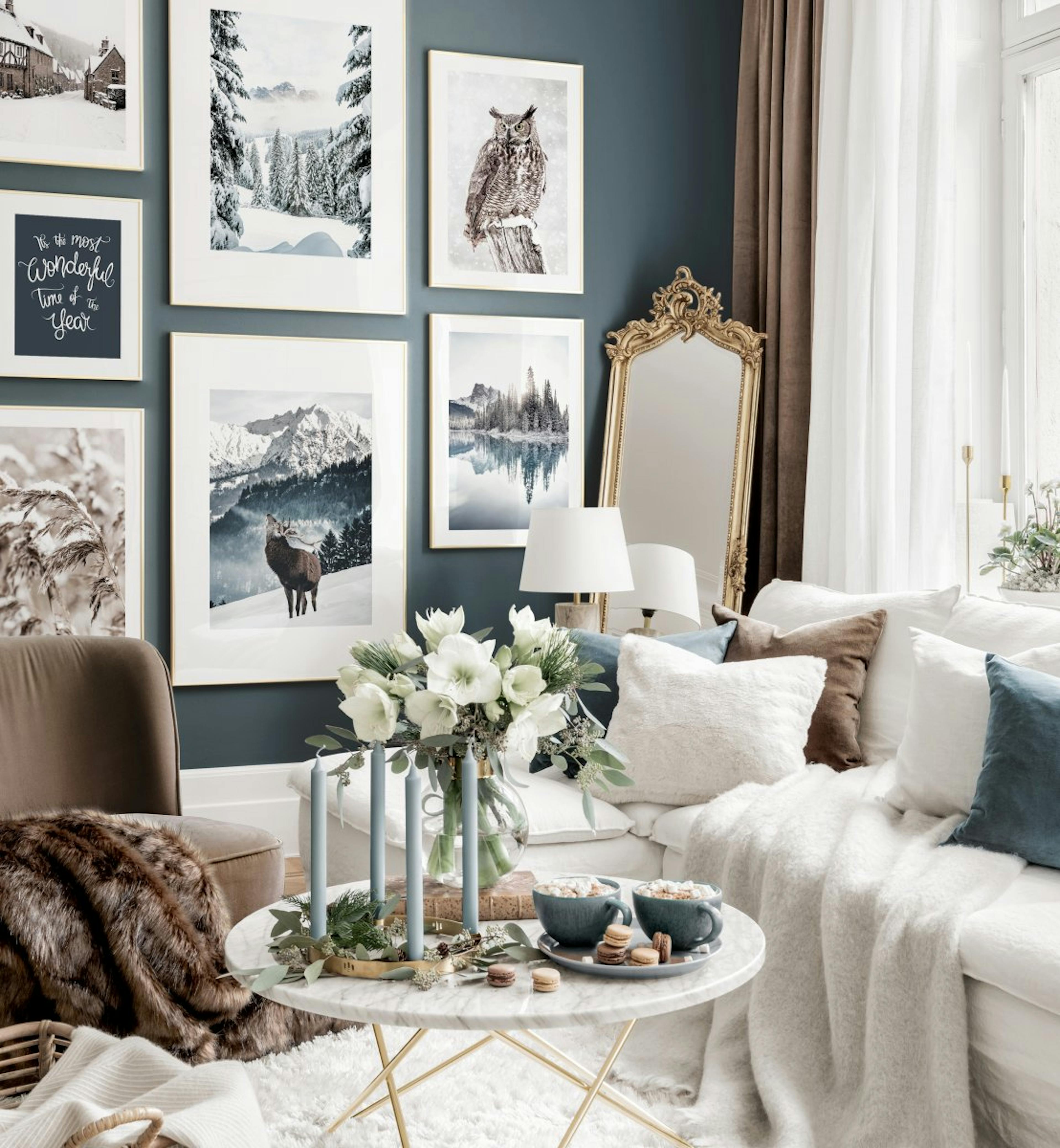 Christmas gallery wall winter posters golden frames
