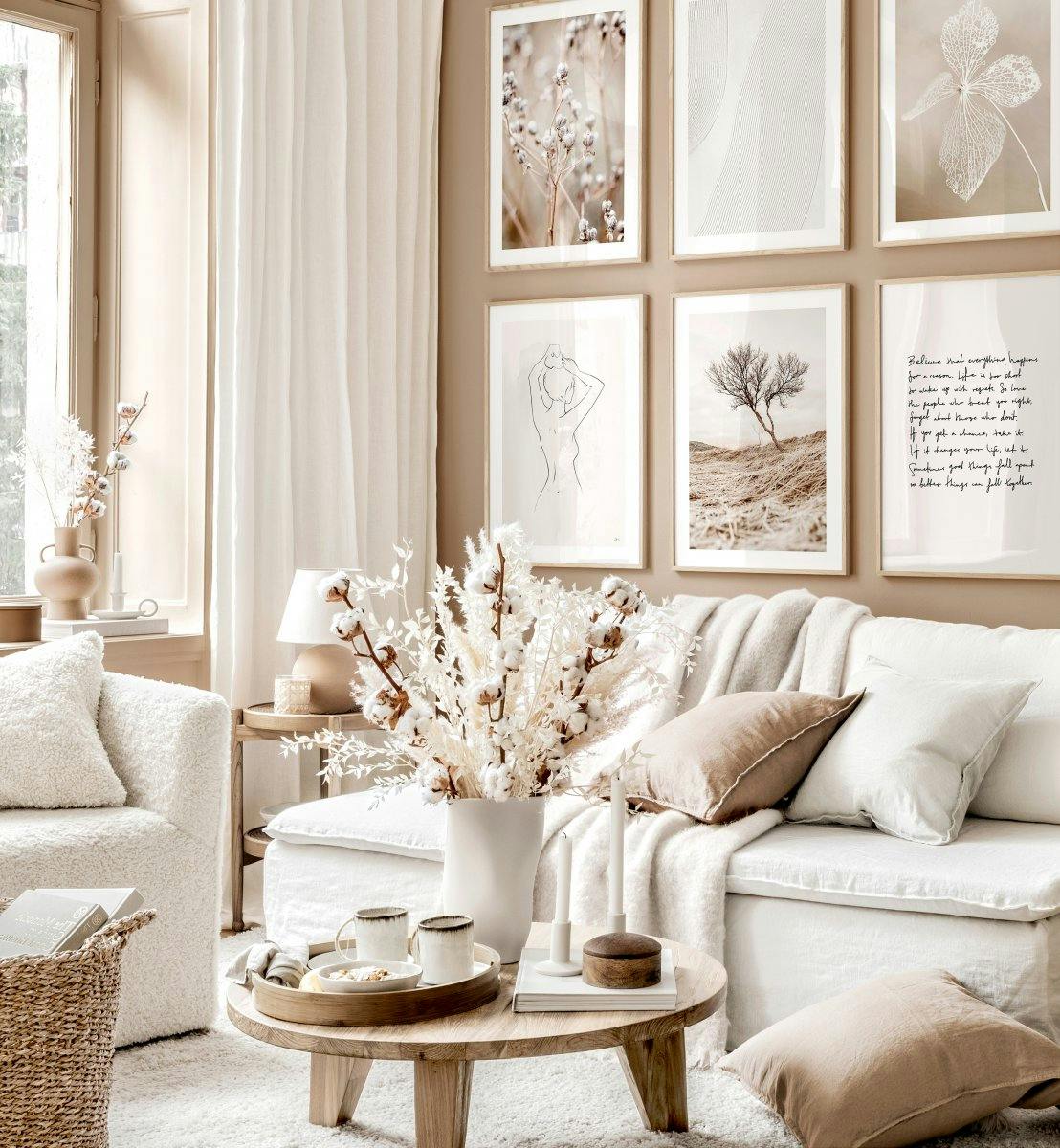 Beige bloemen wanddecoratie mindfulness posters eiken fotolijsten (ONE SIZE) - Poster Store