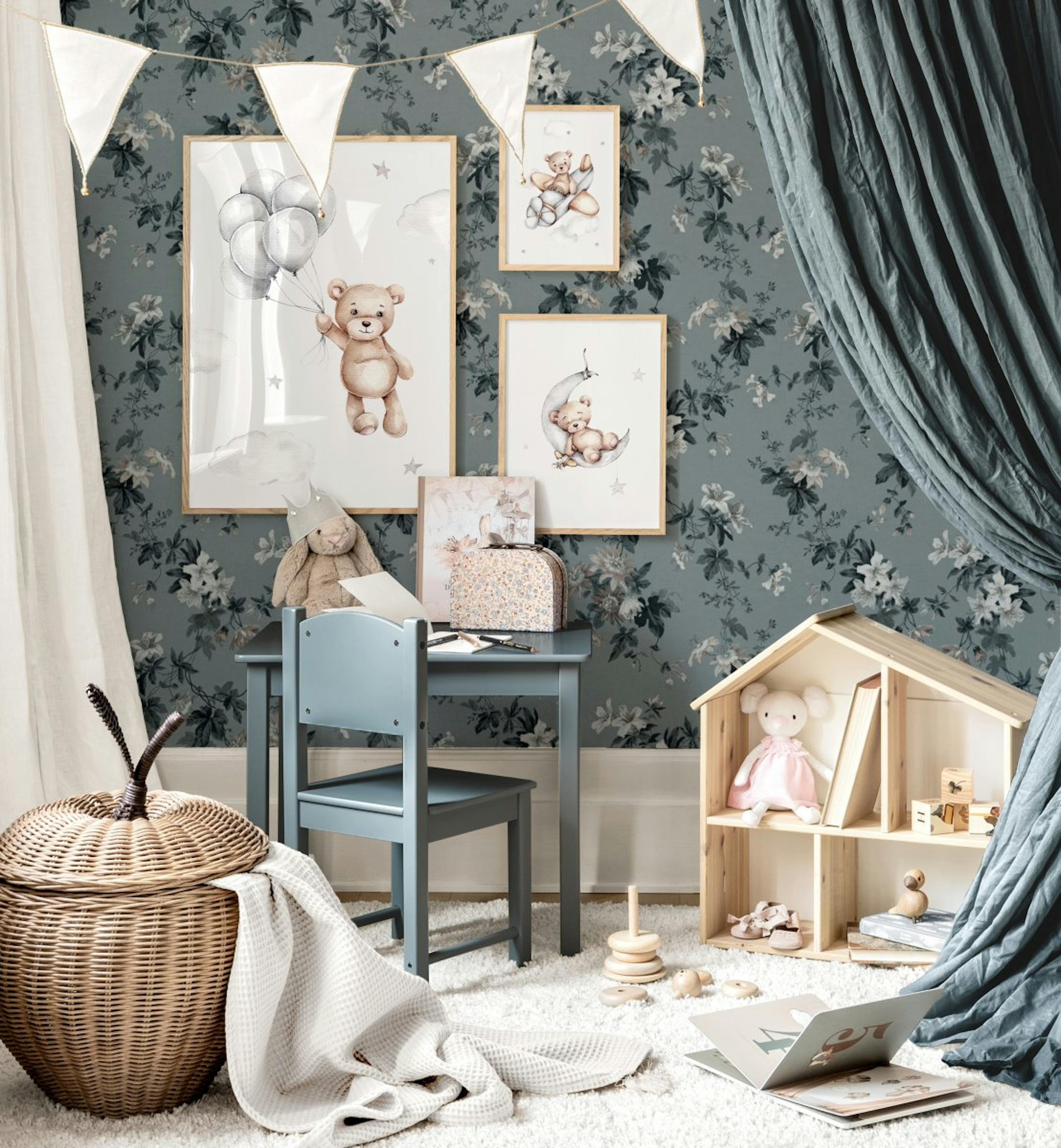 Children's room gallery wall teddy posters kids prints oak frames