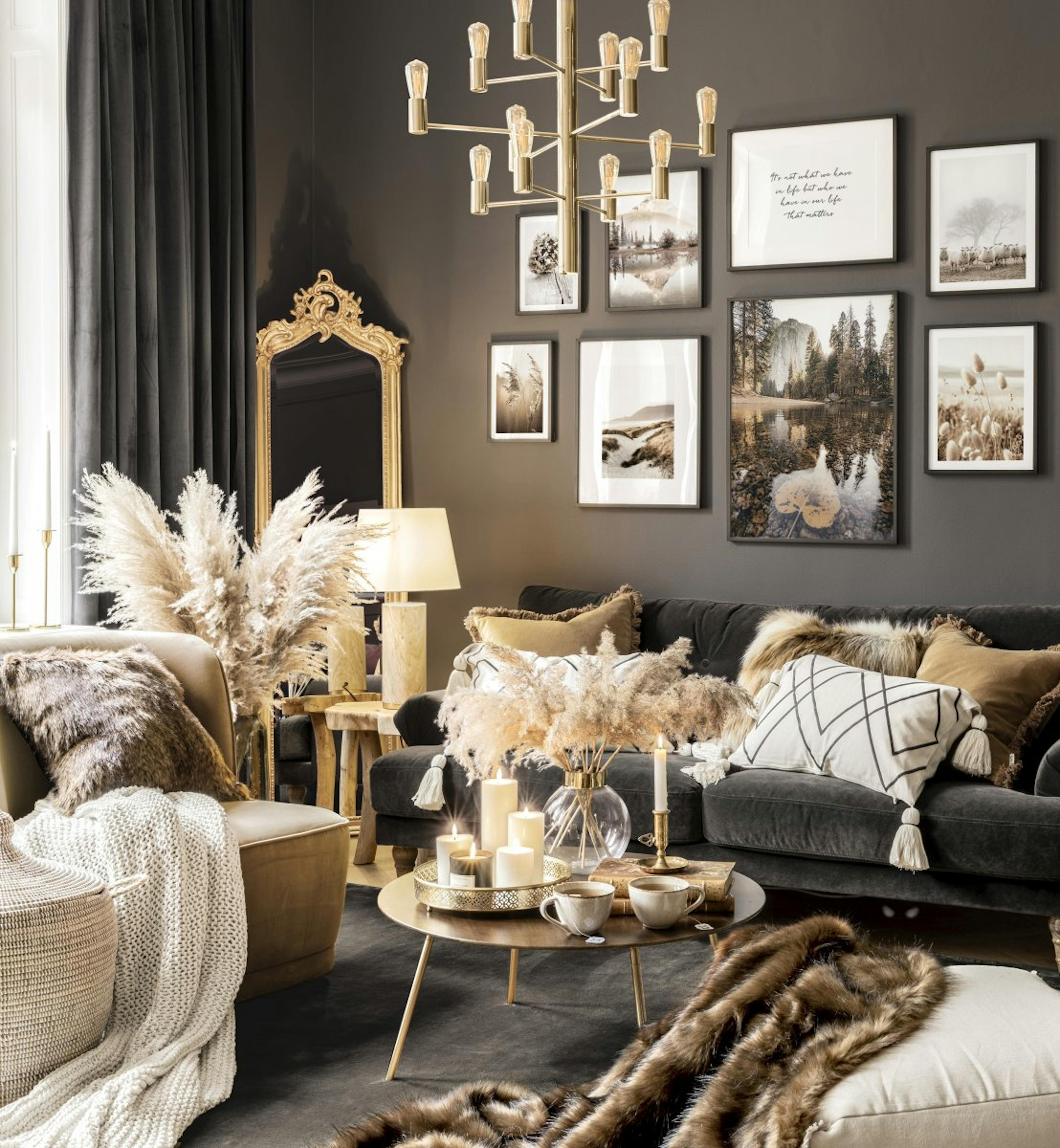 Autumnal wall decoration nature prints black wooden frames