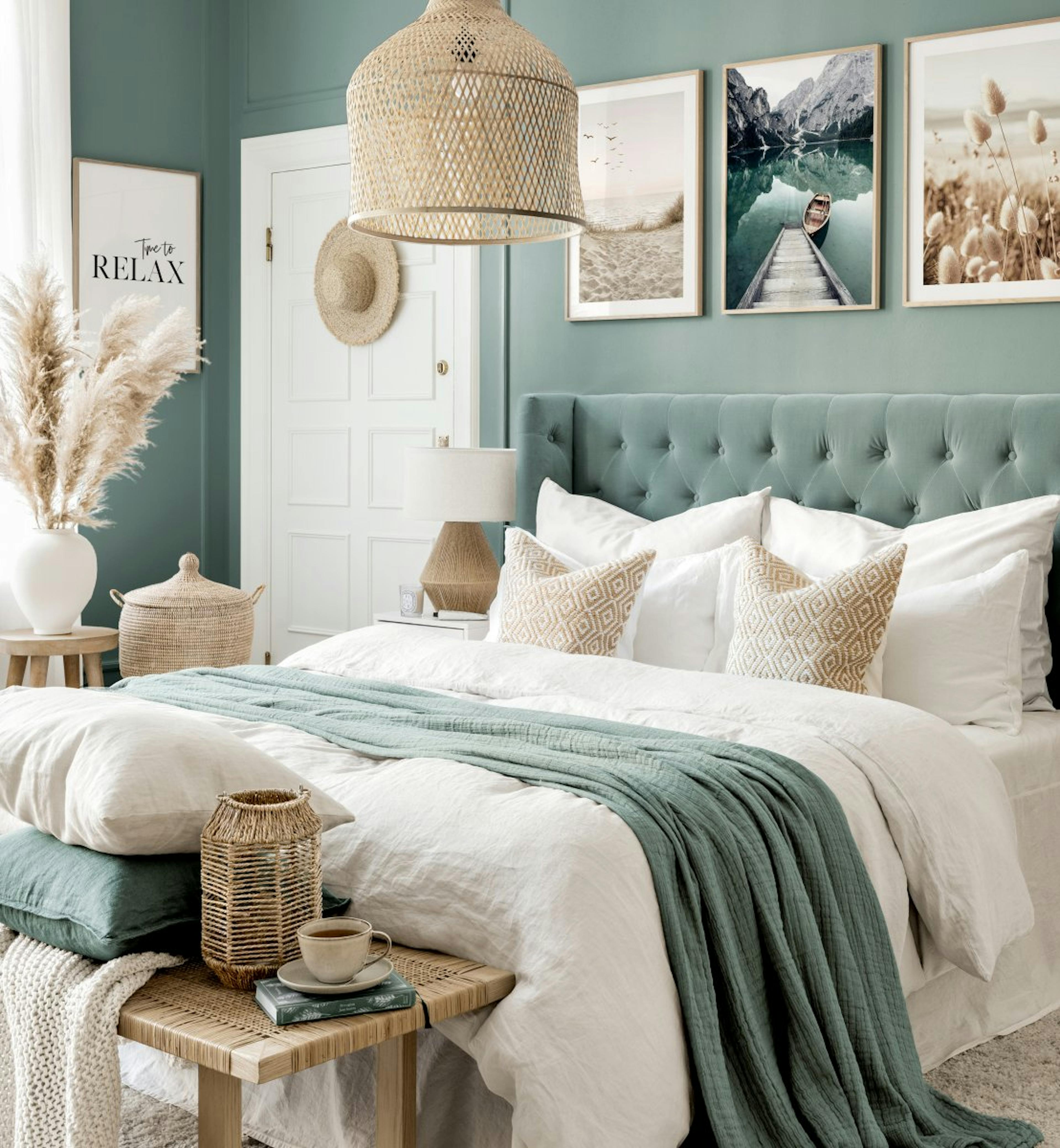 Bedroom picture wall beach prints blue bedroom oak frames