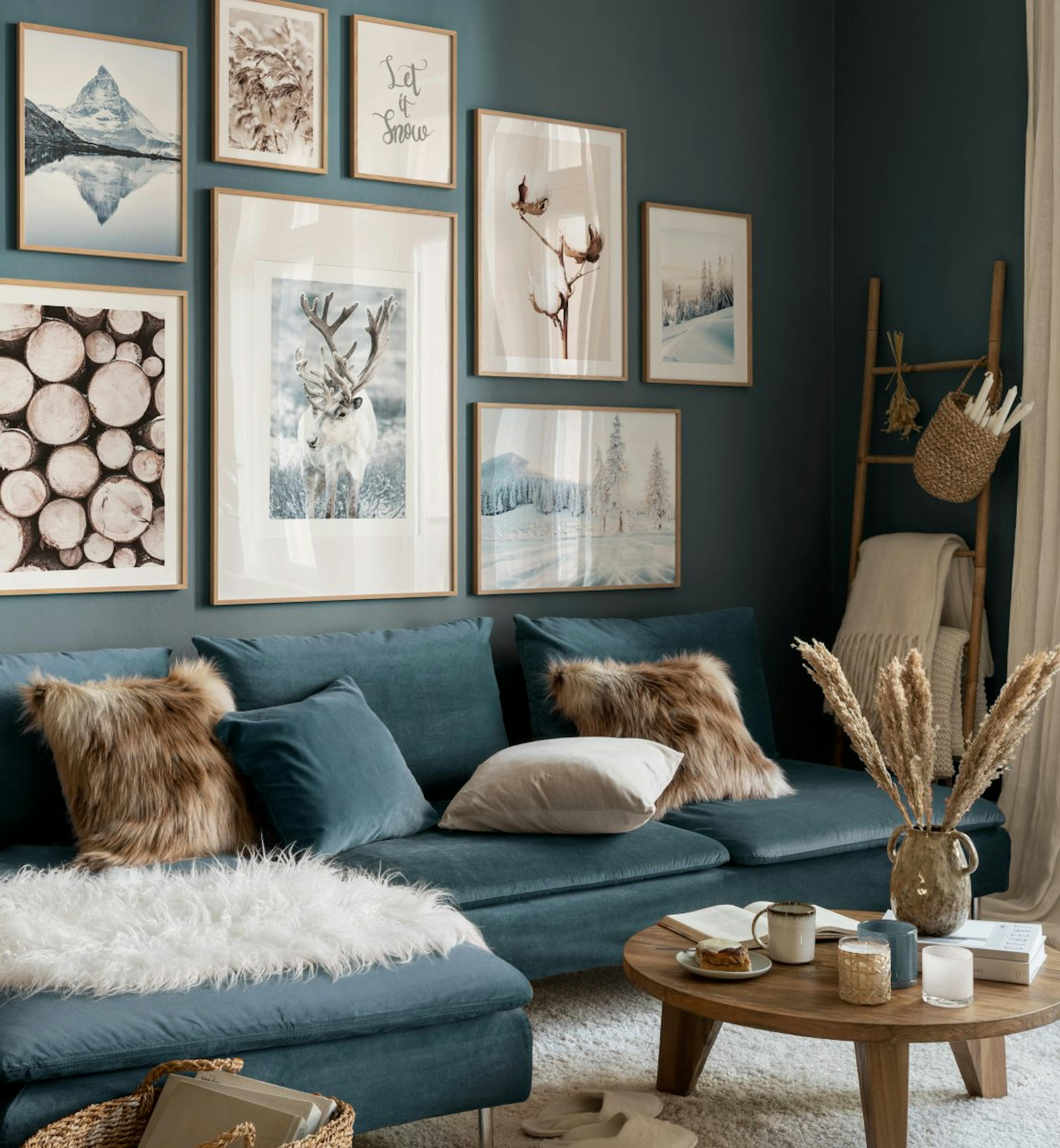 Beruhigende Naturposter beige und blaue Fotografien für Wohnzimmer