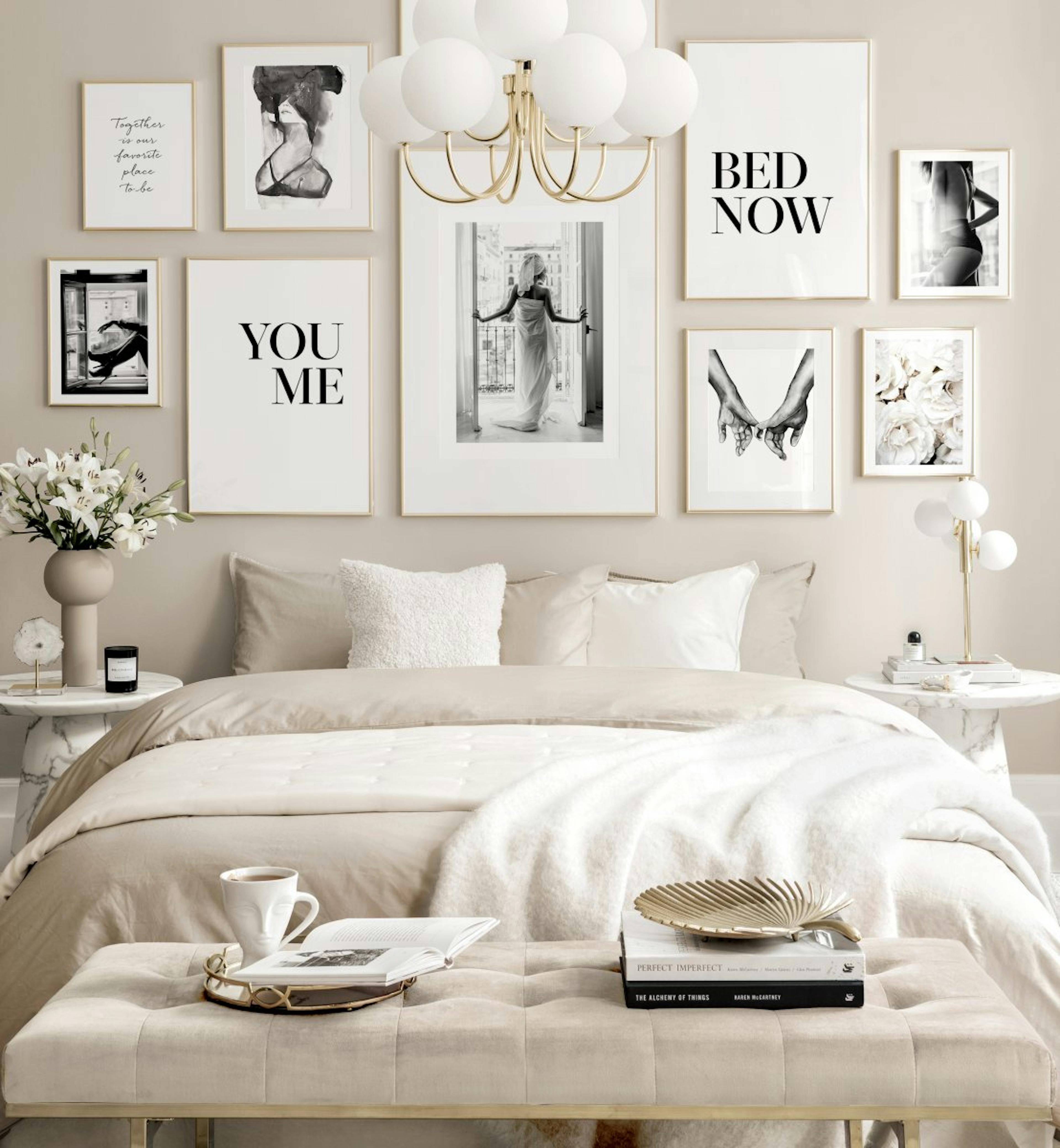 Elegante Bilderwand Schwarz-Weiß Poster Goldrahmen