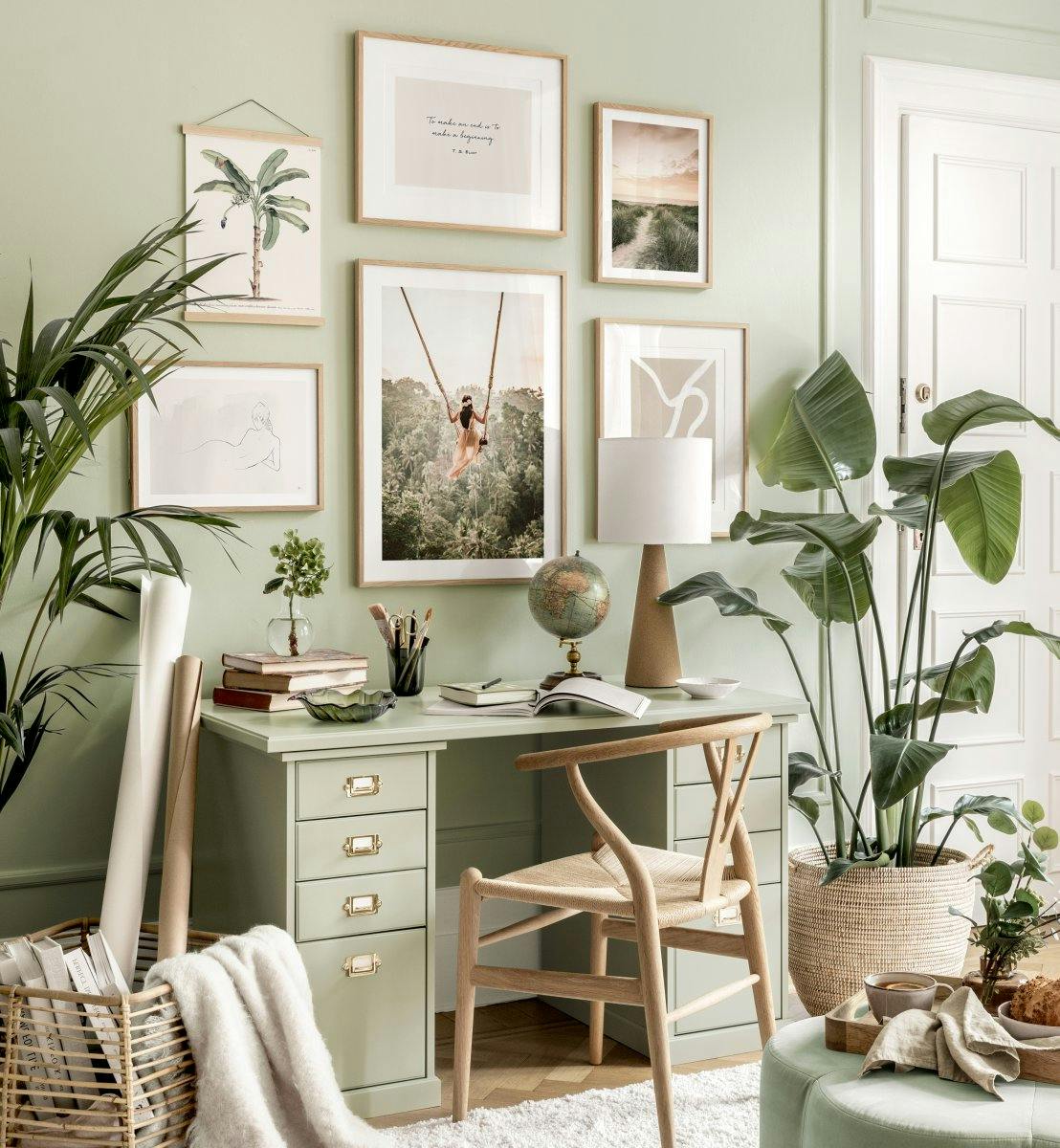 Green study room picture wall art prints oak frames (ONE SIZE) - Poster Store