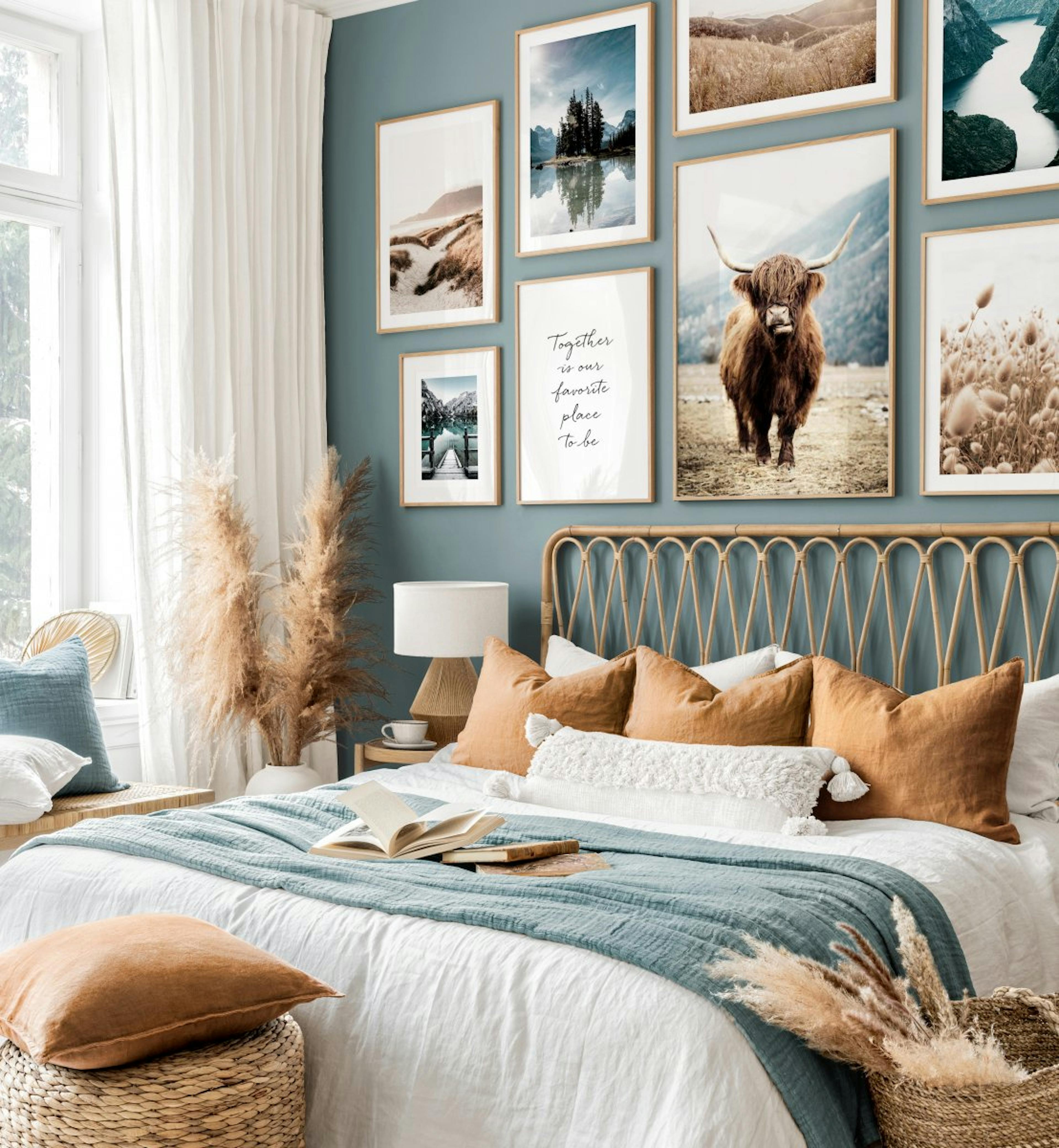 Breathtaking nature gallery wall Highland cow prints oak frames