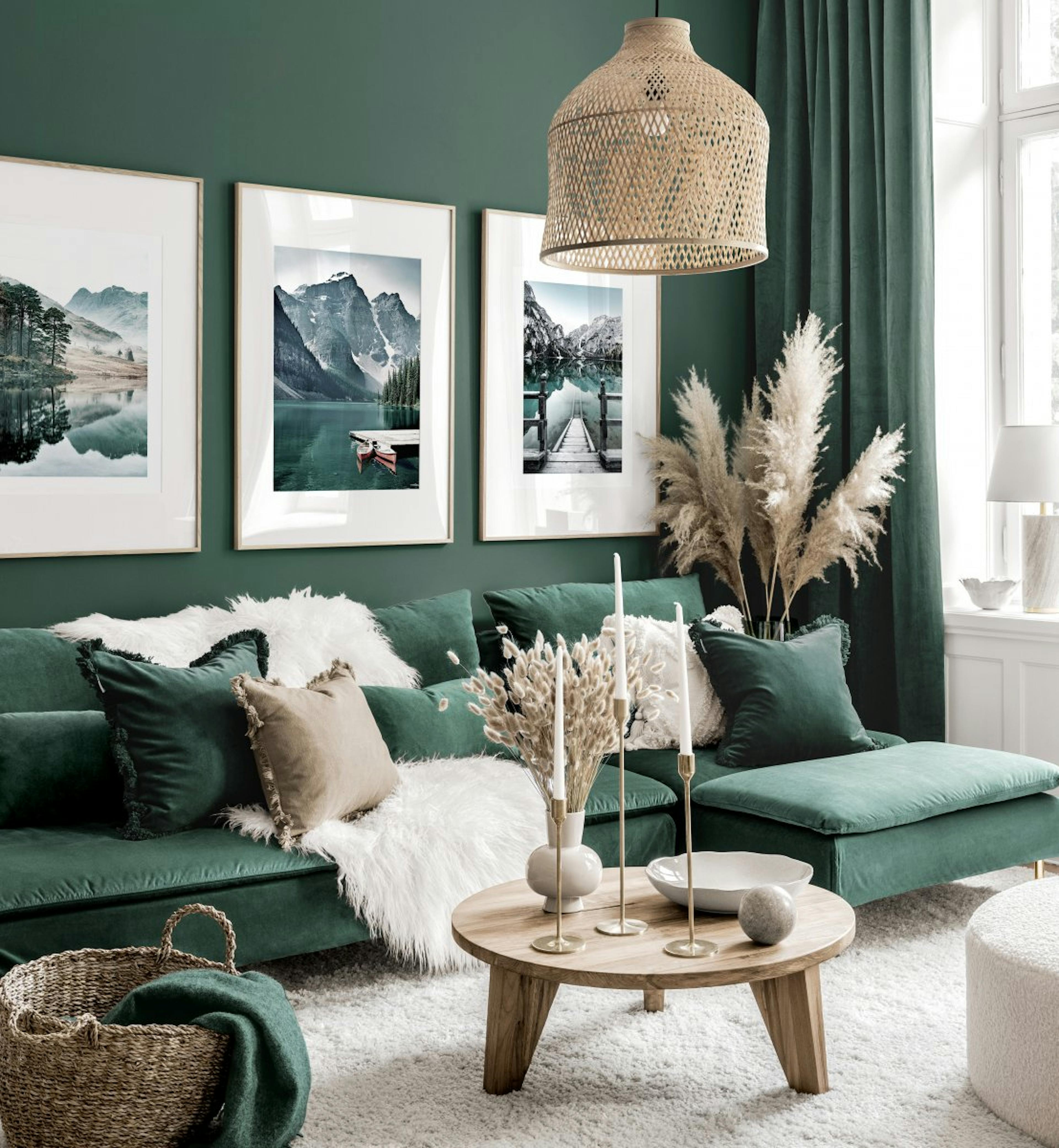 Stunning gallery wall green living room nature posters oak frames