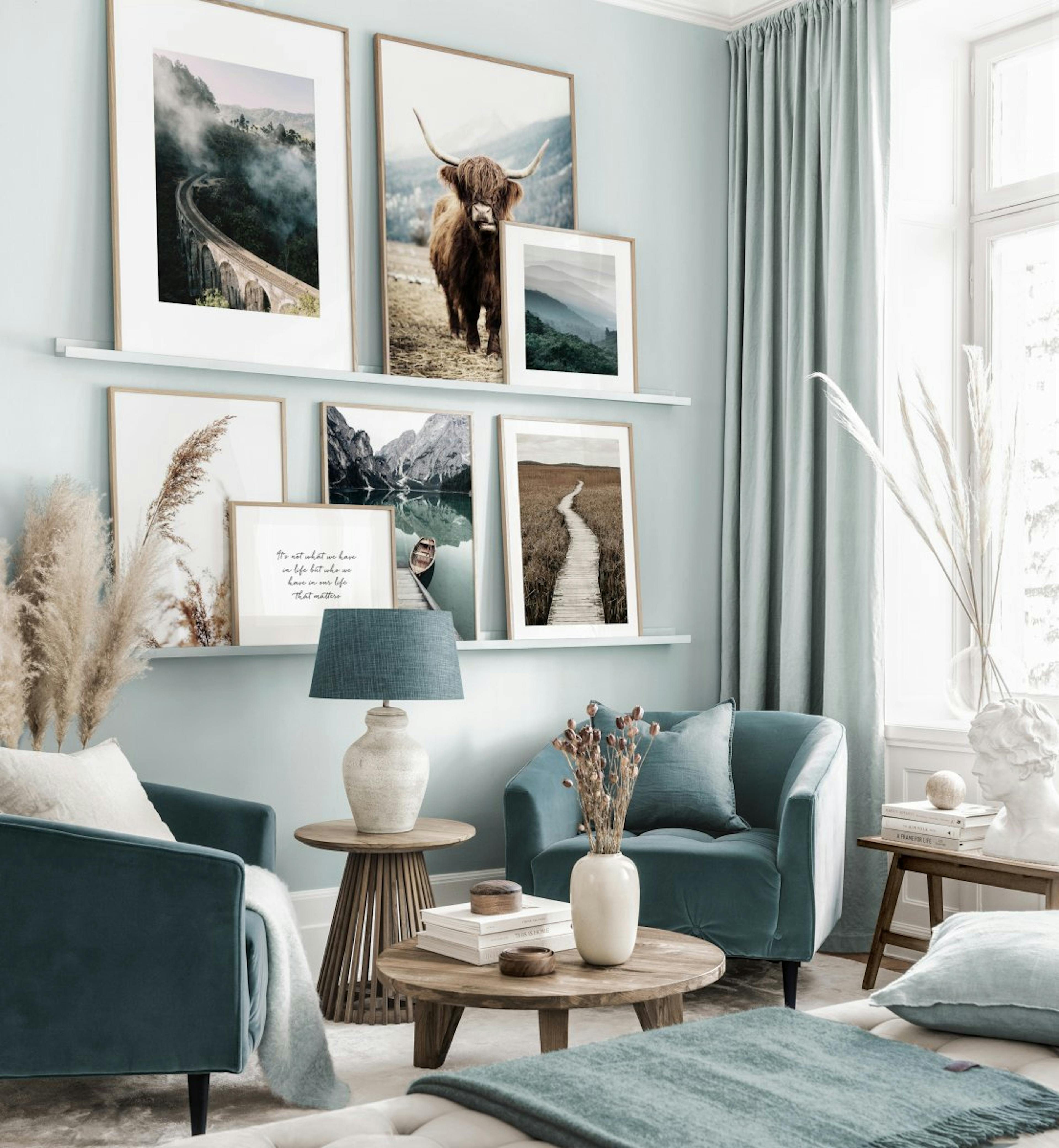Beautiful gallery wall art landscape posters highland cow oak frames