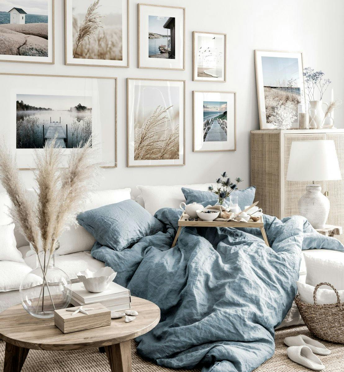 Beroligende bildevegg beige blå stue naturplakater eikerammer (ONE SIZE) - Poster Store