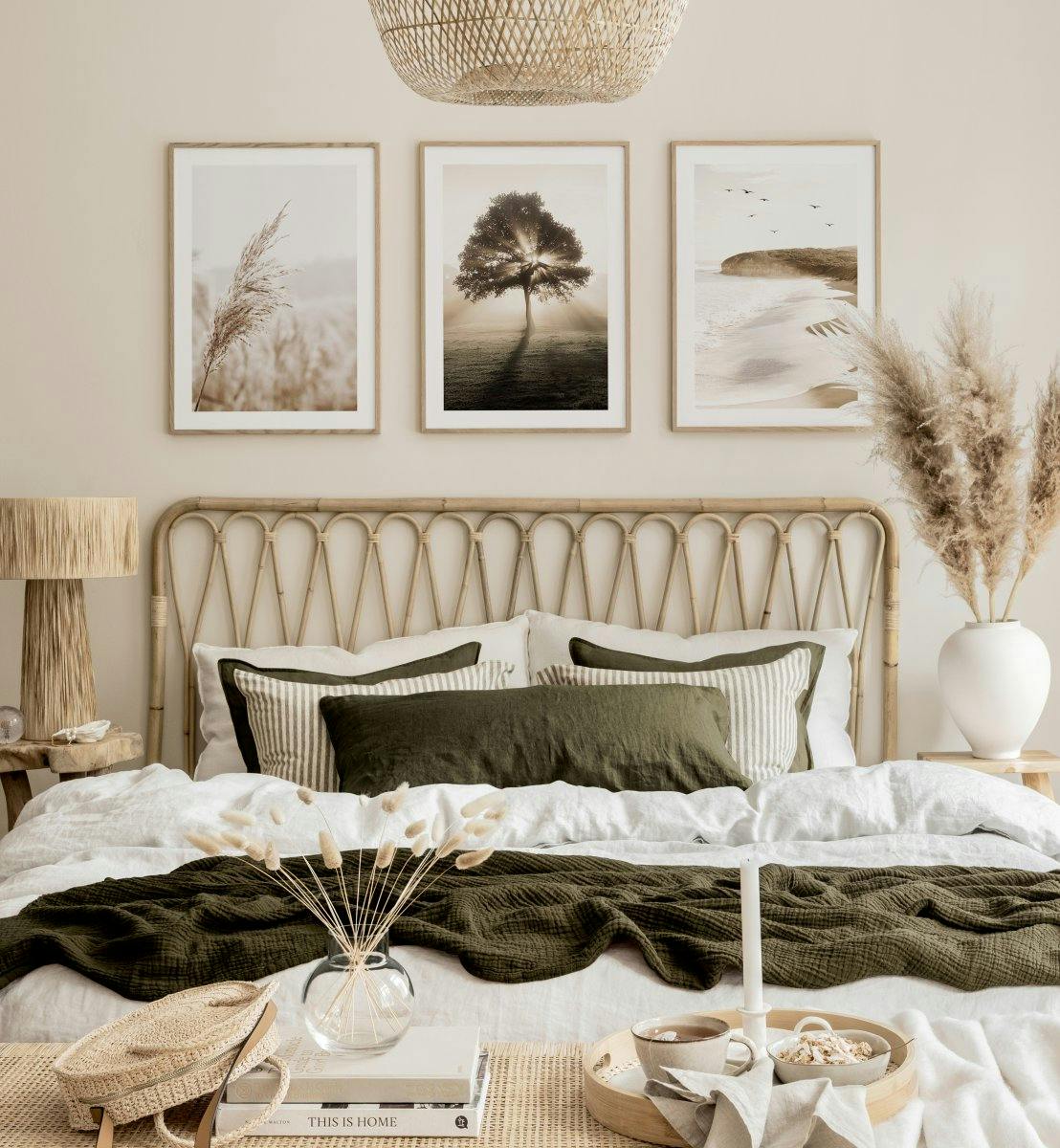 Lugnt sovrum tavelvägg natur affisch mindfulness posters grönt beige sovrum (ONE SIZE) - Poster Store