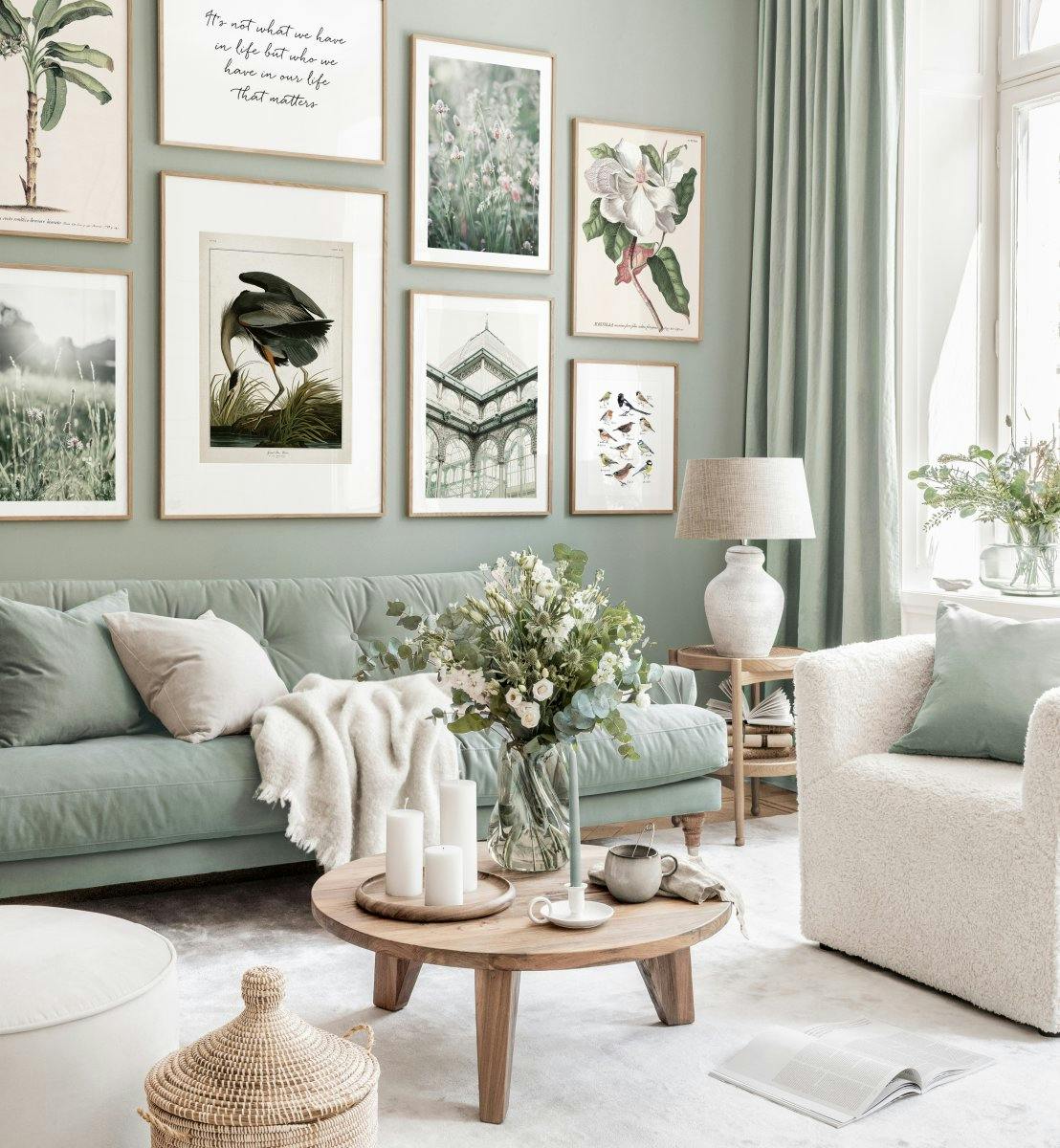 Stylish gallery wall mint green living room illustration posters oak frames (ONE SIZE) - Poster Store
