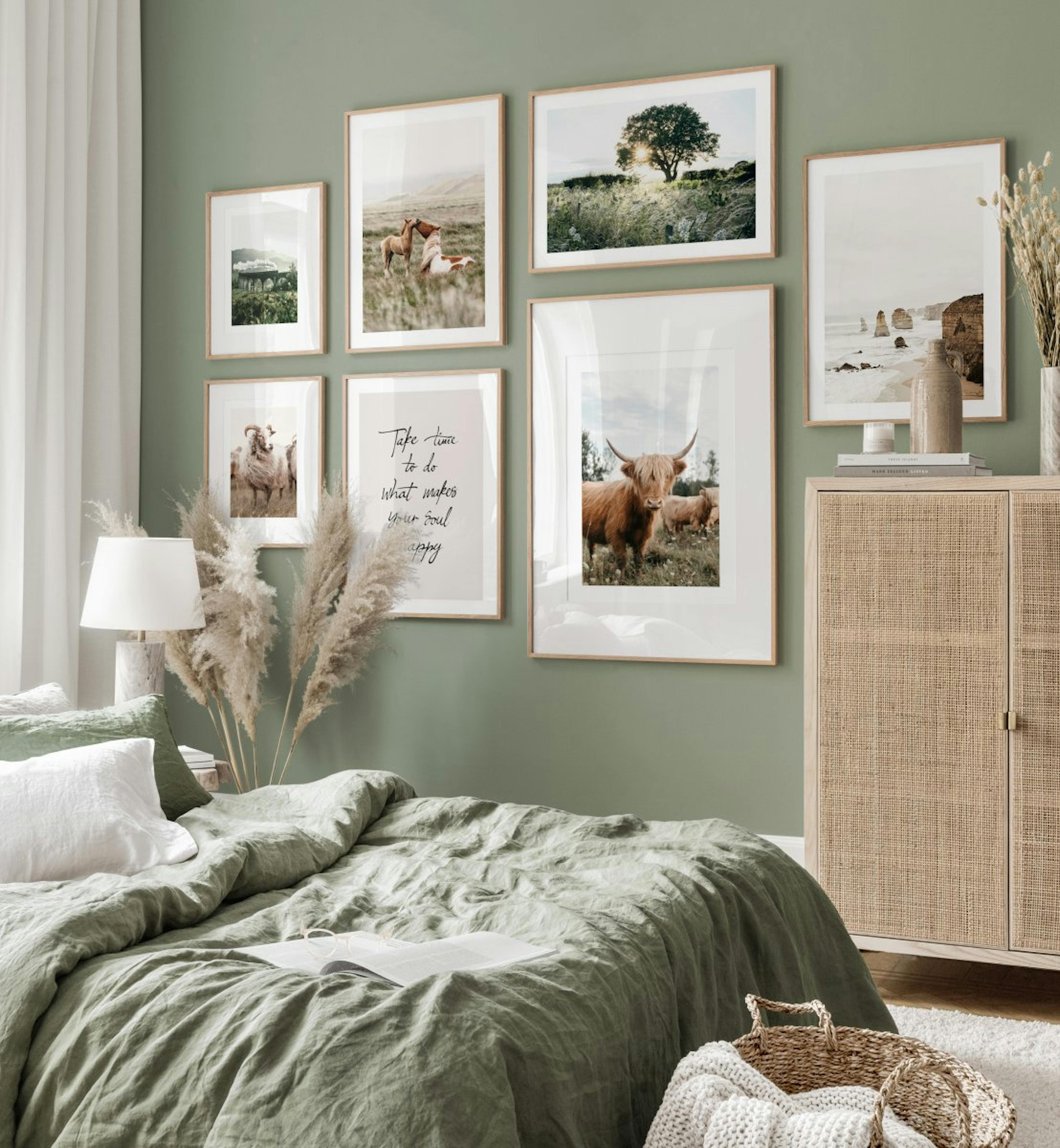 Décoration murale écossaise chambre verte poster Vache Highland cadres en chêne