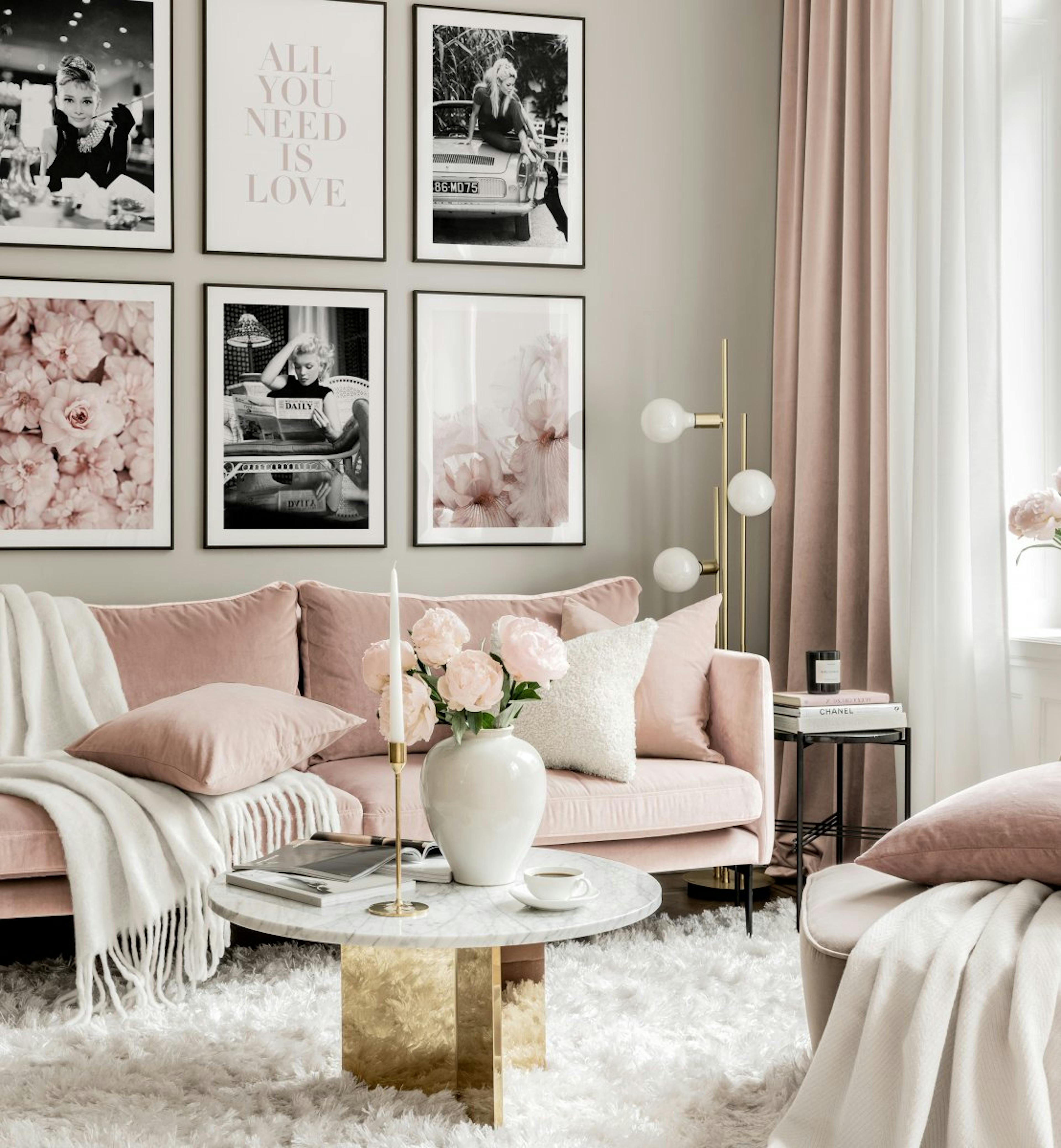 Stylowa galeria z ikonami Marilyn Monroe kwiatowe plakaty czarno białe obrazy