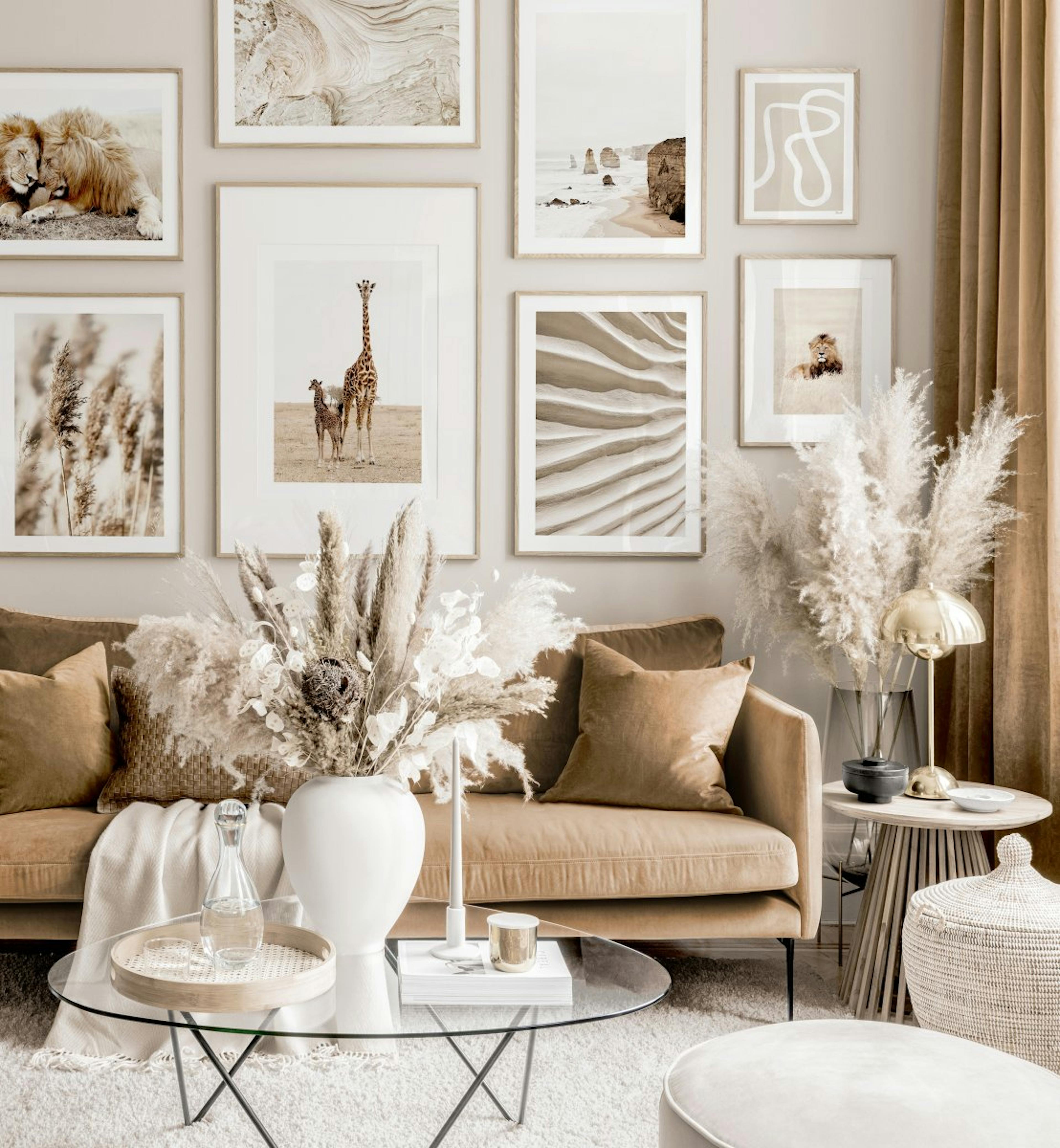 Warm nature gallery wall beige living room animal posters oak frames