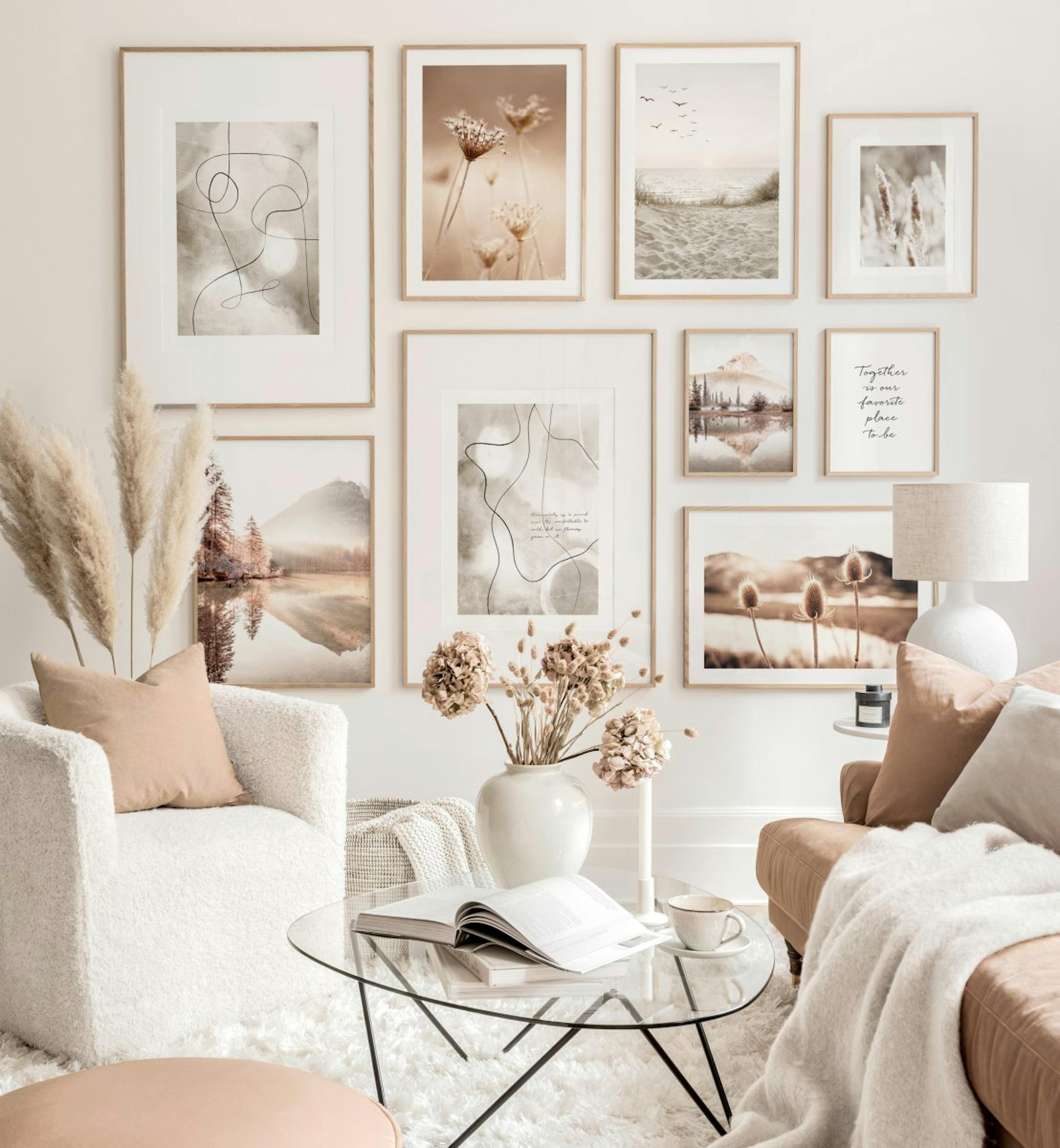 Kalm beige fotowand abstracte prints natuur posters beige woonkamer ideeën