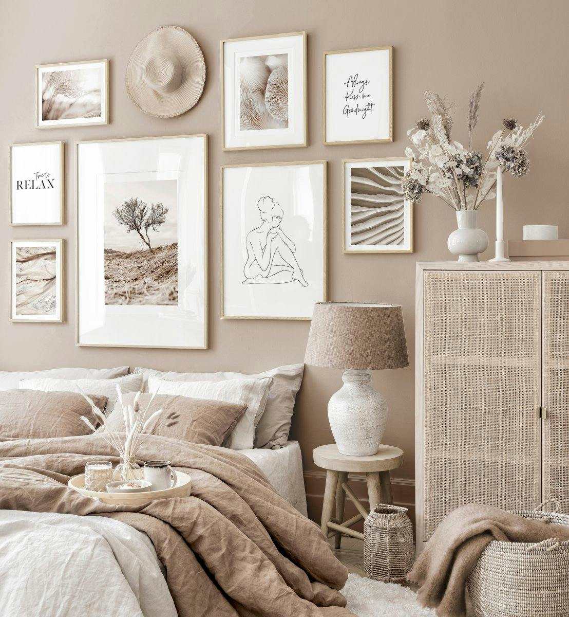 Mindfulness Fotowand beige slaapkamer natuur posters eiken fotolijsten (ONE SIZE) - Poster Store