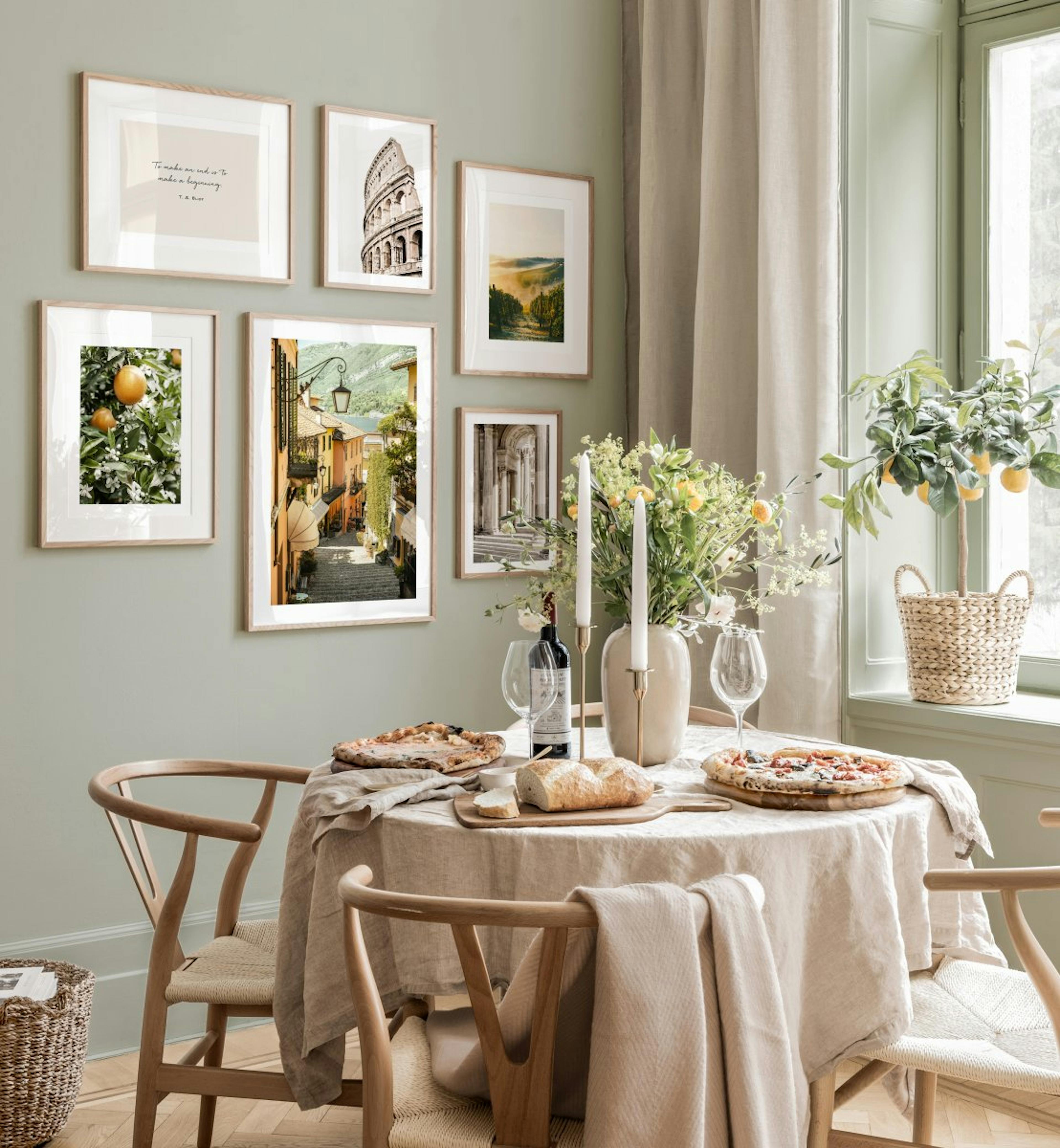 Mediterranean gallery wall dining room Italy oak frames