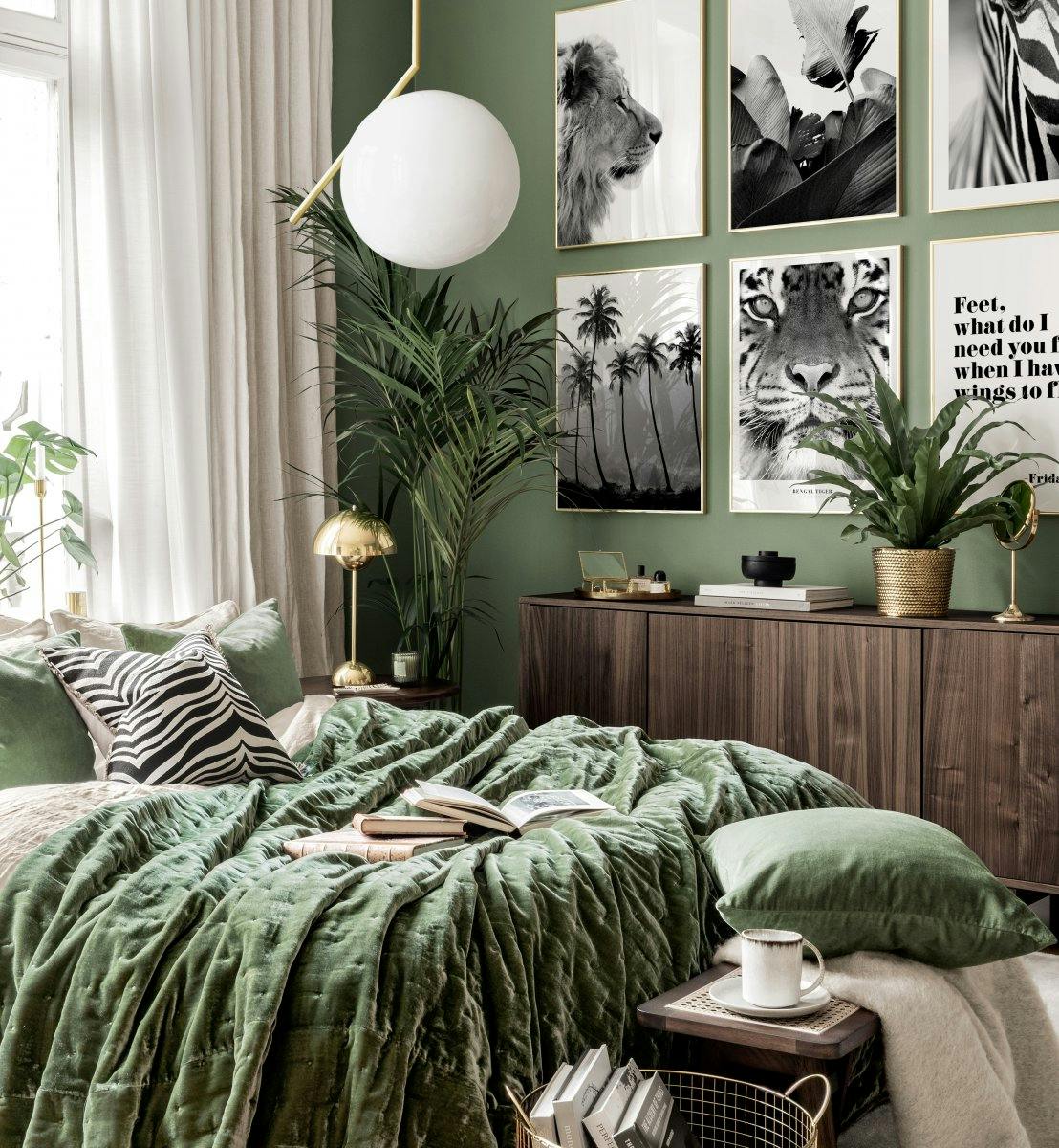 Zwarte safari fotomuur dierenposters slaapkamer design gouden fotolijsten (ONE SIZE) - Poster Store