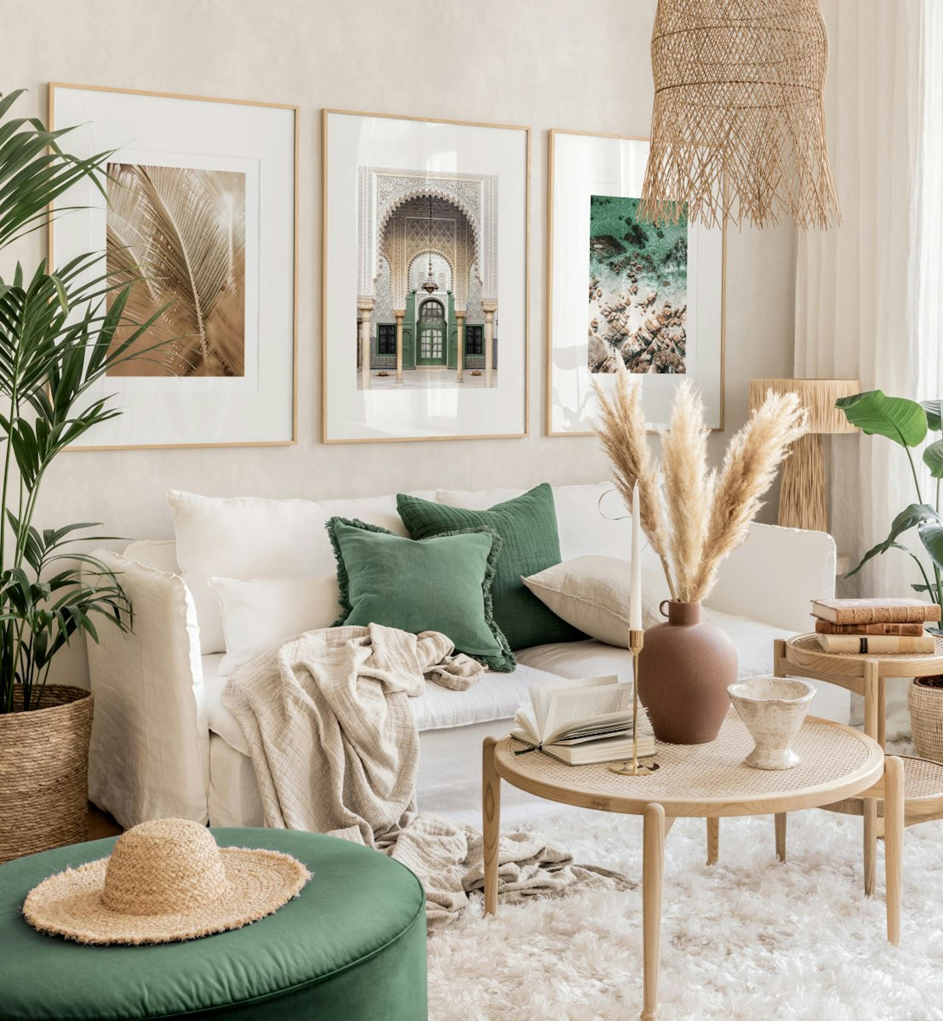 Golden summer gallery wall boho room decor golden prints oak frames