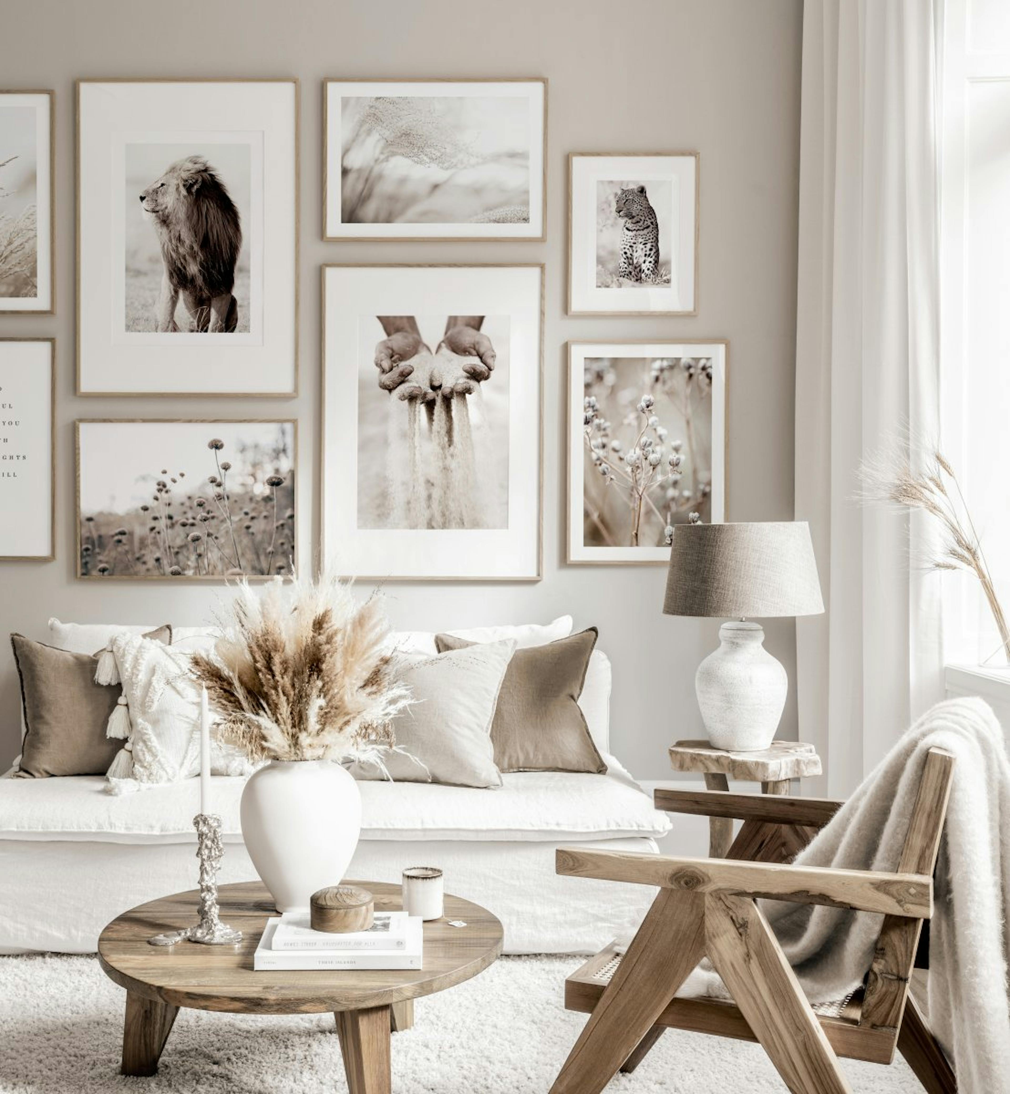 Beautiful gallery wall mindfulness posters beige white interior oaken frames