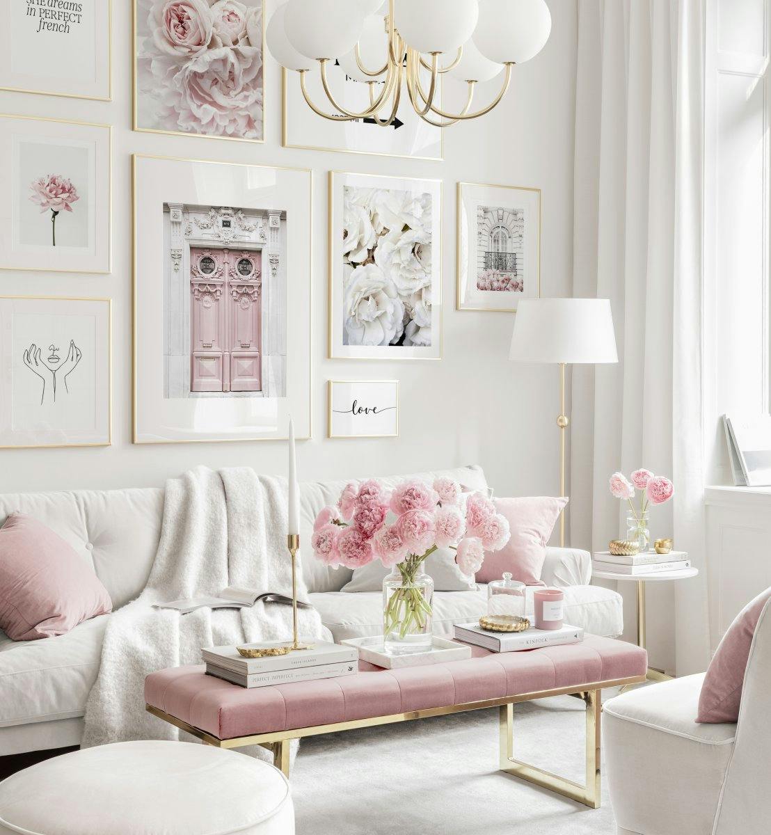 Décoration murale harmonie rose posters fleurs affiches roses cadres dorés (ONE SIZE) - Poster Store