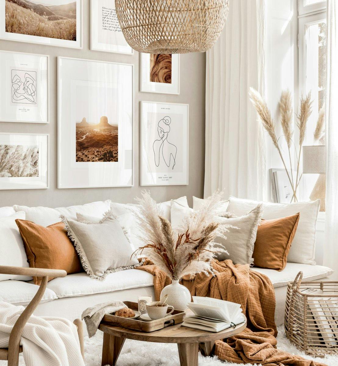 Modern bohemian gallery wall line art prints beige living room ideas (ONE SIZE) - Poster Store