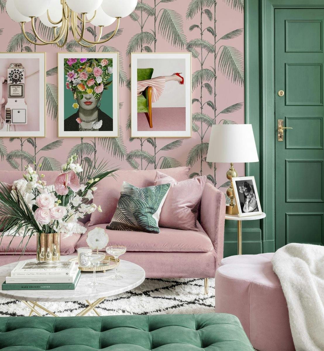 Goede vibes fotowand chinoiserie frida kahlo poster roze en groene woonkamer (ONE SIZE) - Poster Store