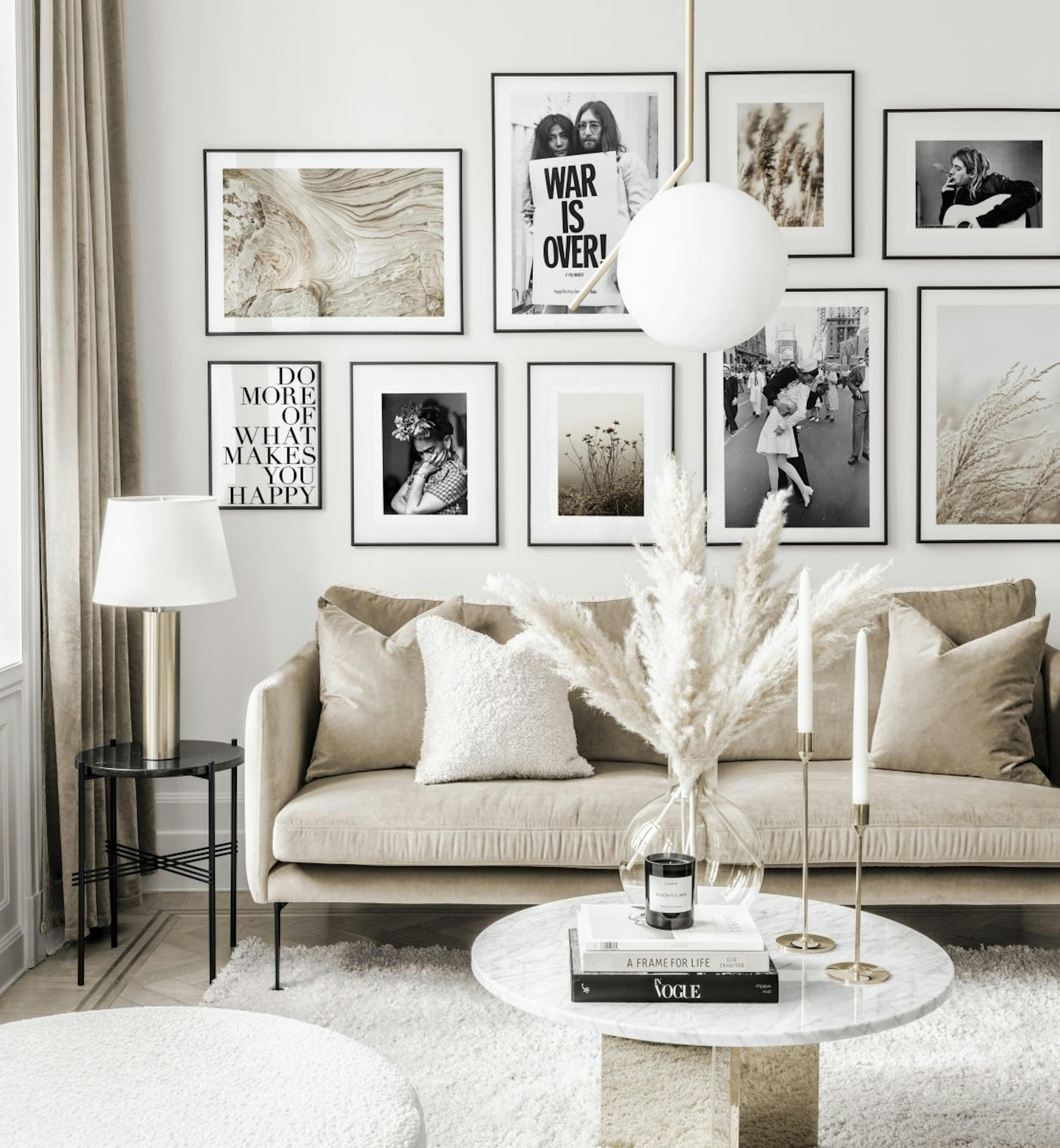 Trendy gallery wall black white iconic posters beige nature prints black metal frames