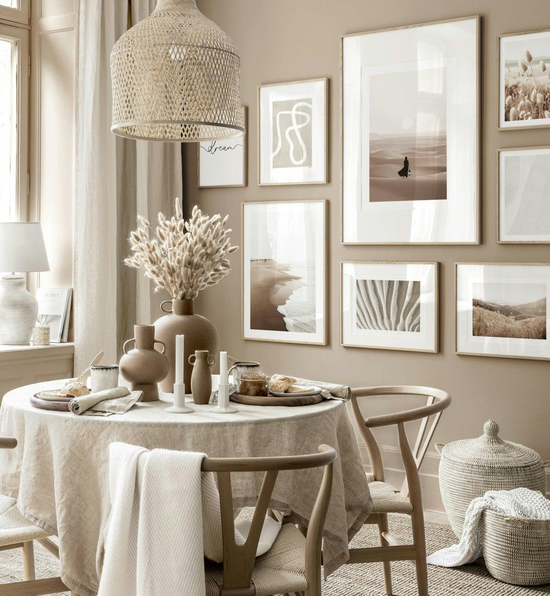 Beige eetkamer wanddecoratie mindfulness posters eiken fotolijsten (ONE SIZE) - Poster Store