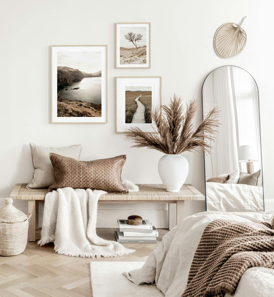 Hippe slaapkamer fotowand beige witte natuurposters eiken fotolijsten (ONE SIZE) - Poster Store