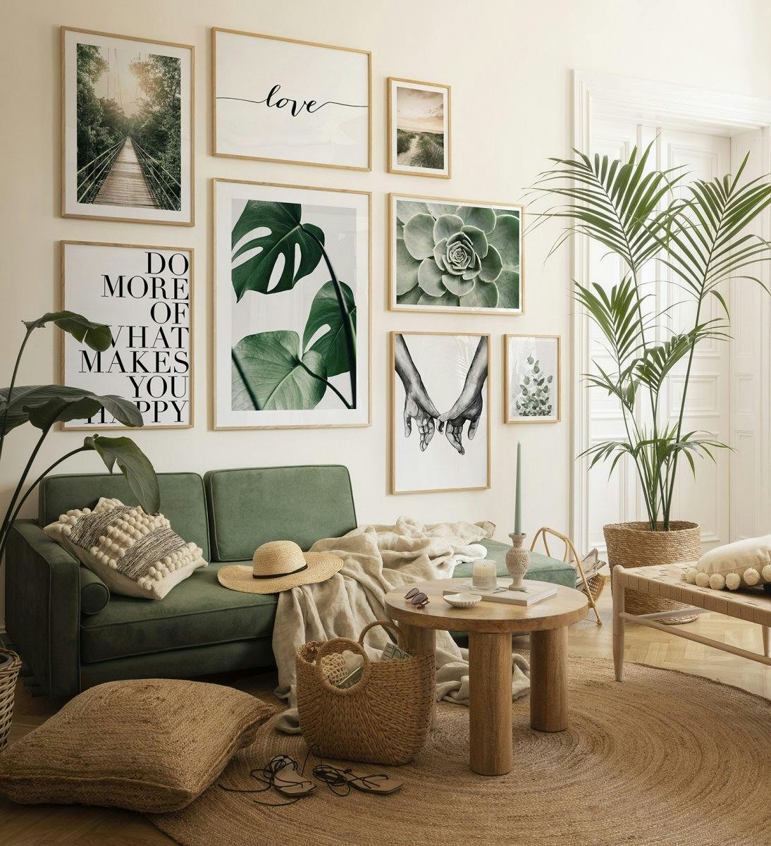 Natuur en tropische galeriewand in groen met eikenhouten frames voor woonkamer (ONE SIZE) - Poster Store
