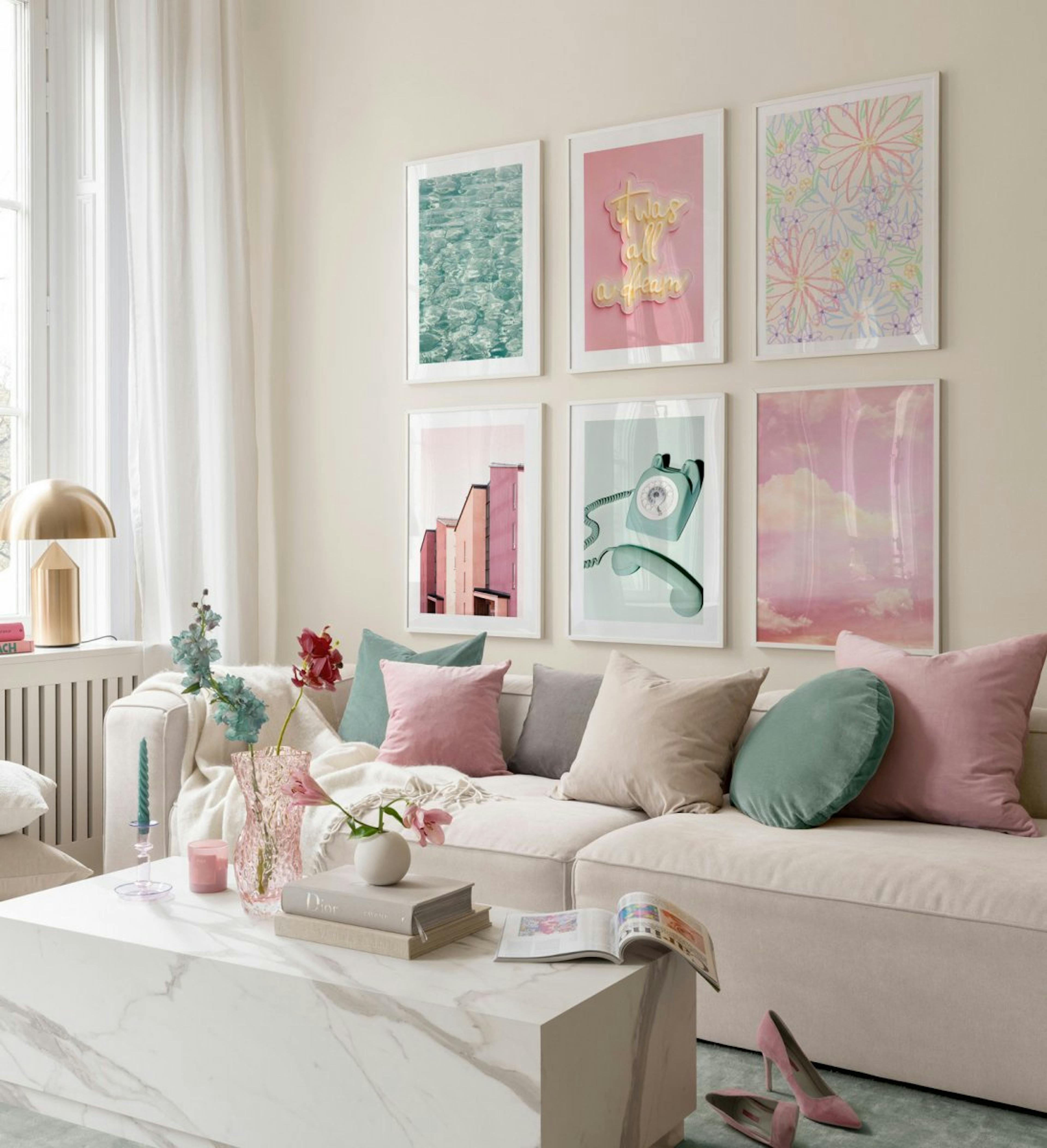 Colourful gallery wall for the playful and bold living room with white wood frames.