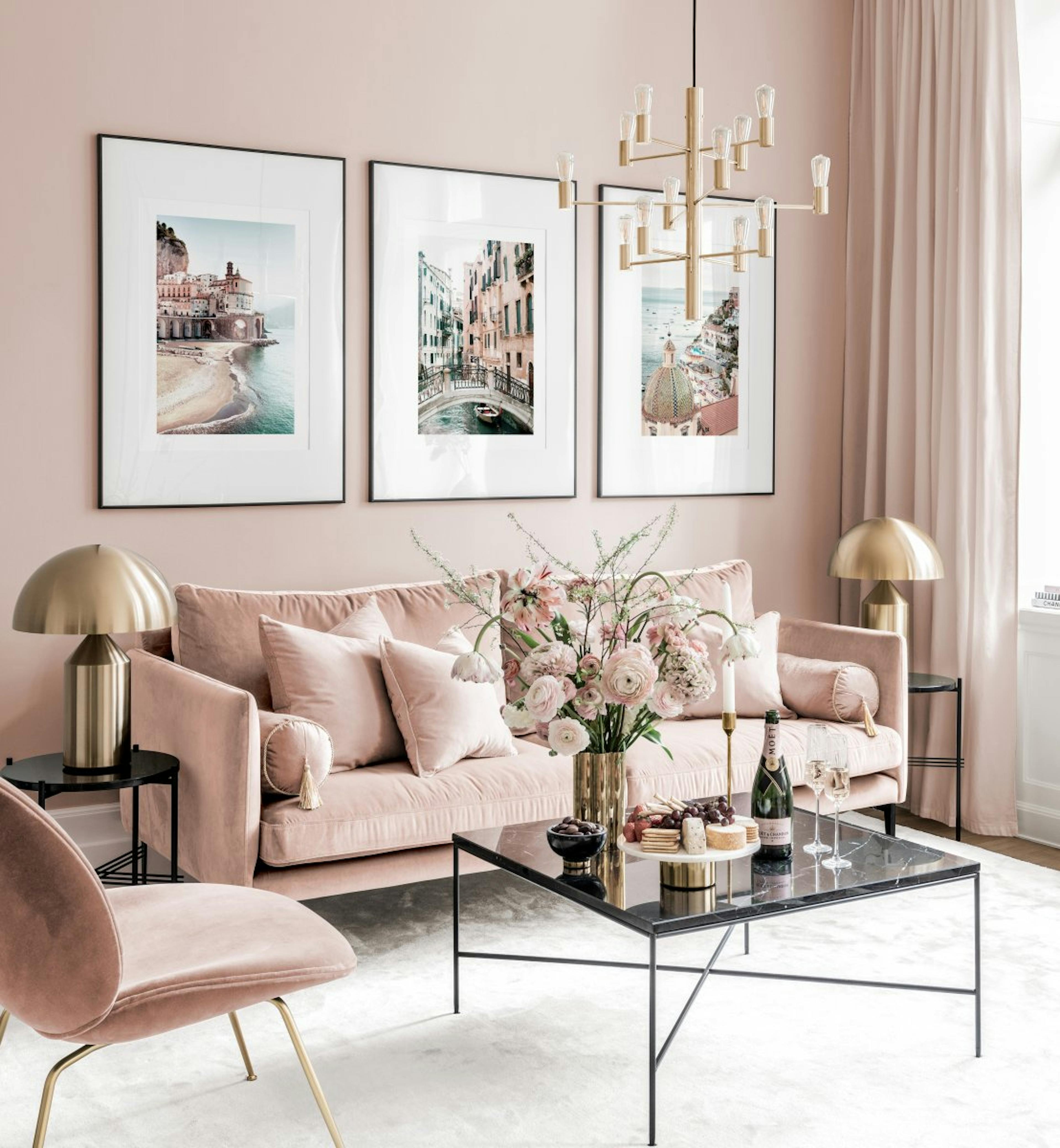 Italian Gallery Wall Amalfi Venice posters pink interior black metal frames
