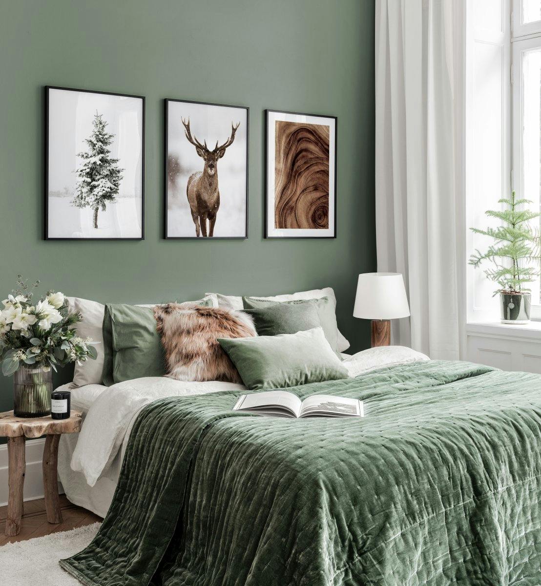 Trois posters accrochés : un sapin enneigé, un cerf dans la neige, et une coupe de tronc darbre.