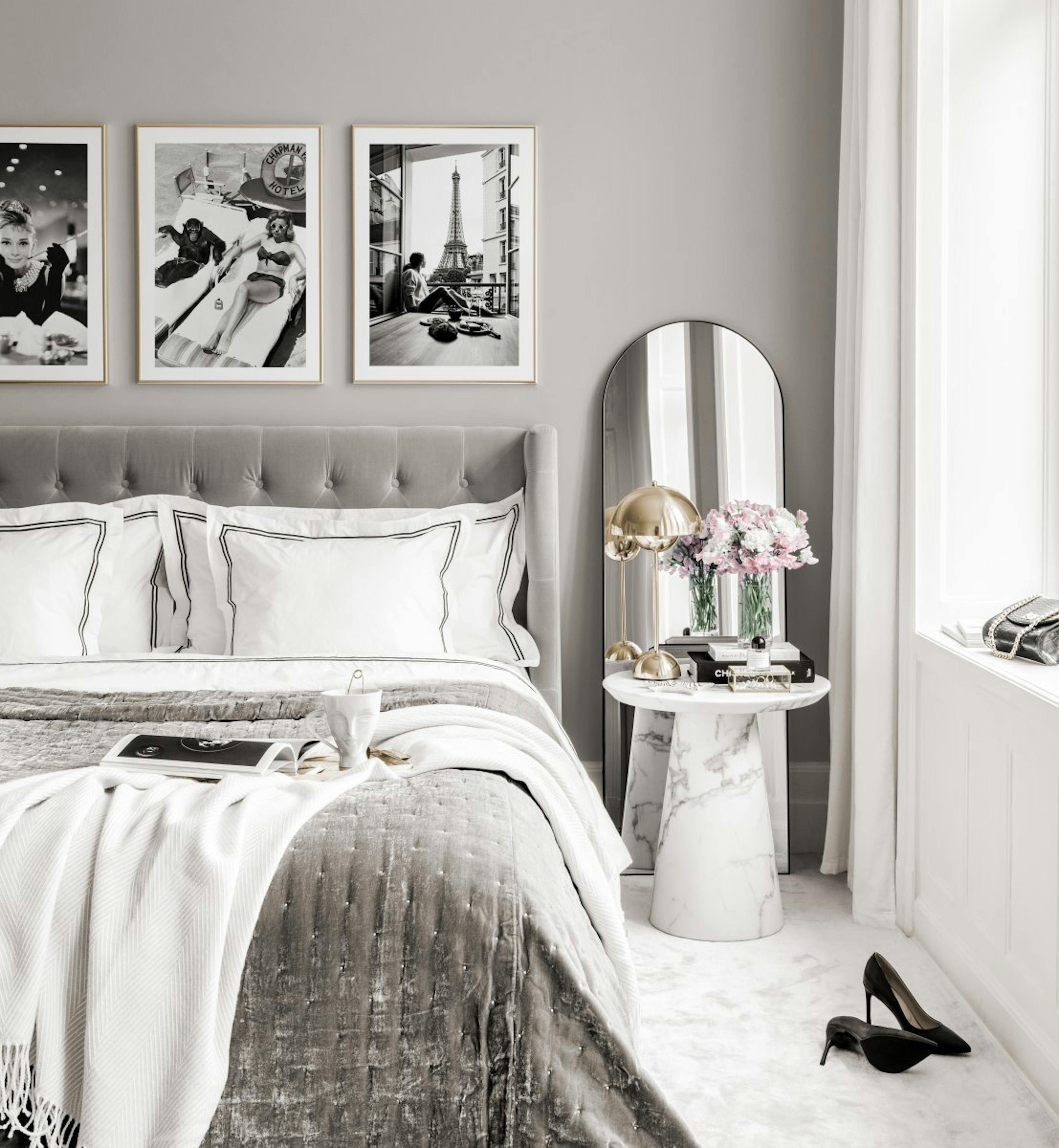 Black white posters Gallery Wall grey interior golden frames