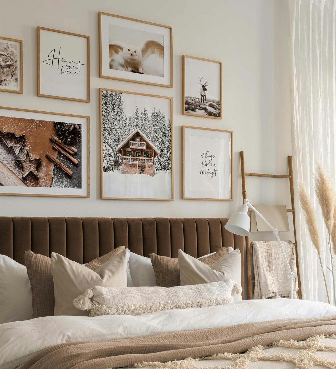 Gallery wall with winter prints in brown, white and black and white quotes with oak frames for bedroom (ONE SIZE) - Poster Store