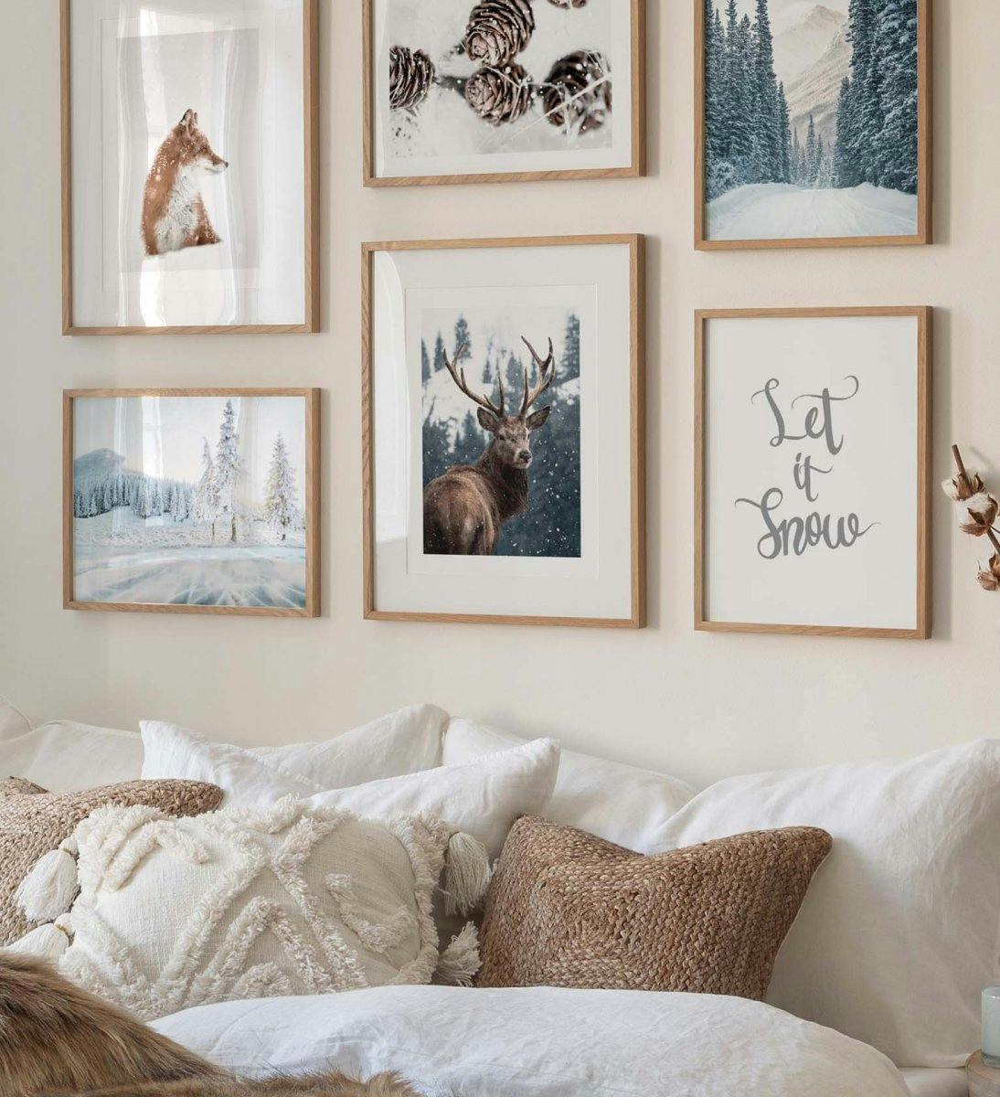 Gallery wall with winter posters of cones, a fox and a red deer combined with nature winter photographs and quote prints with oa (ONE SIZE) - Poster Store