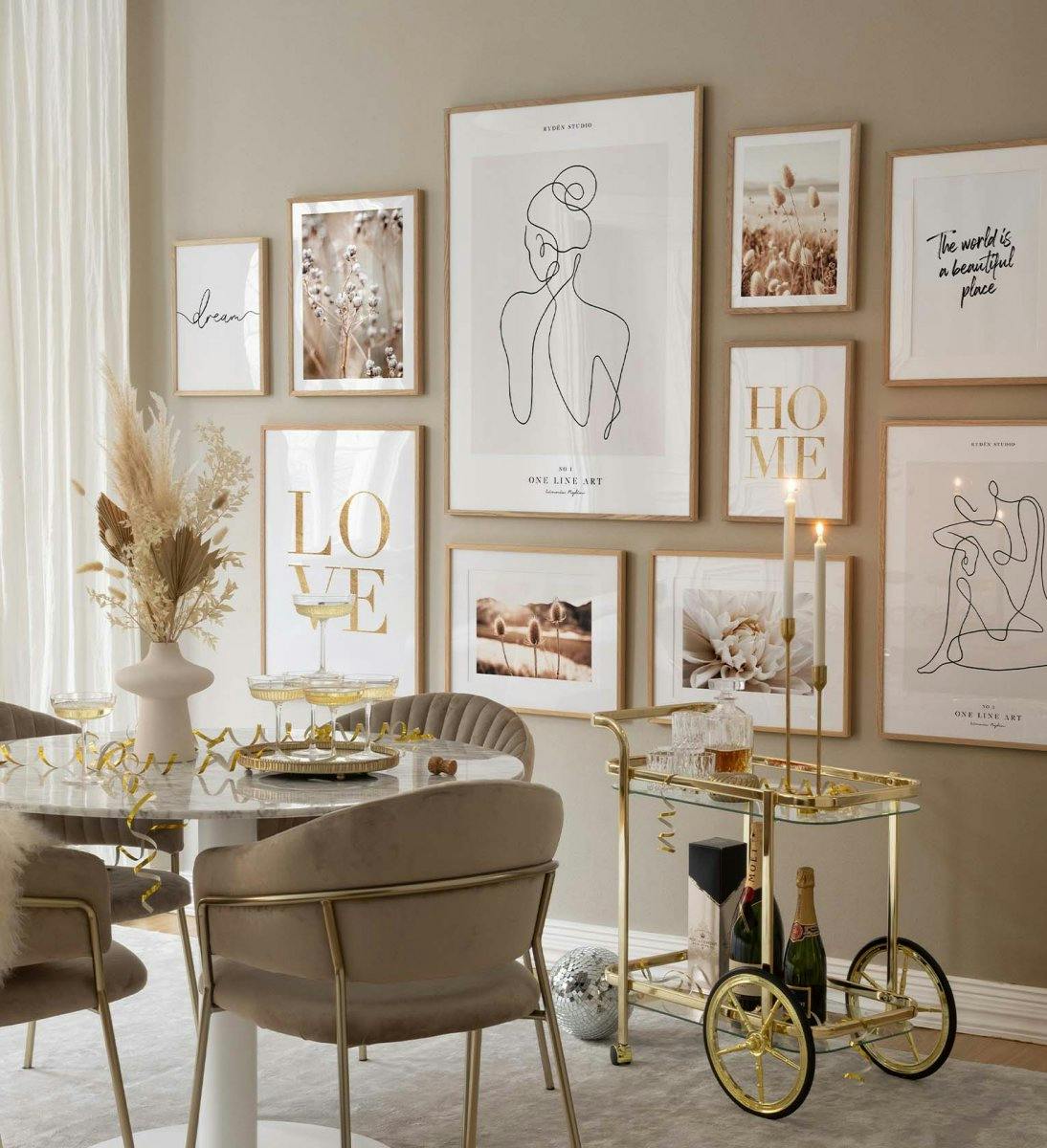 Moderni line art galleriaseinä yhdistettynä luontotulosteet beige ja kultainen lainaus julisteet tammi kehykset ruokasali (ONE SIZE) - Poster Store