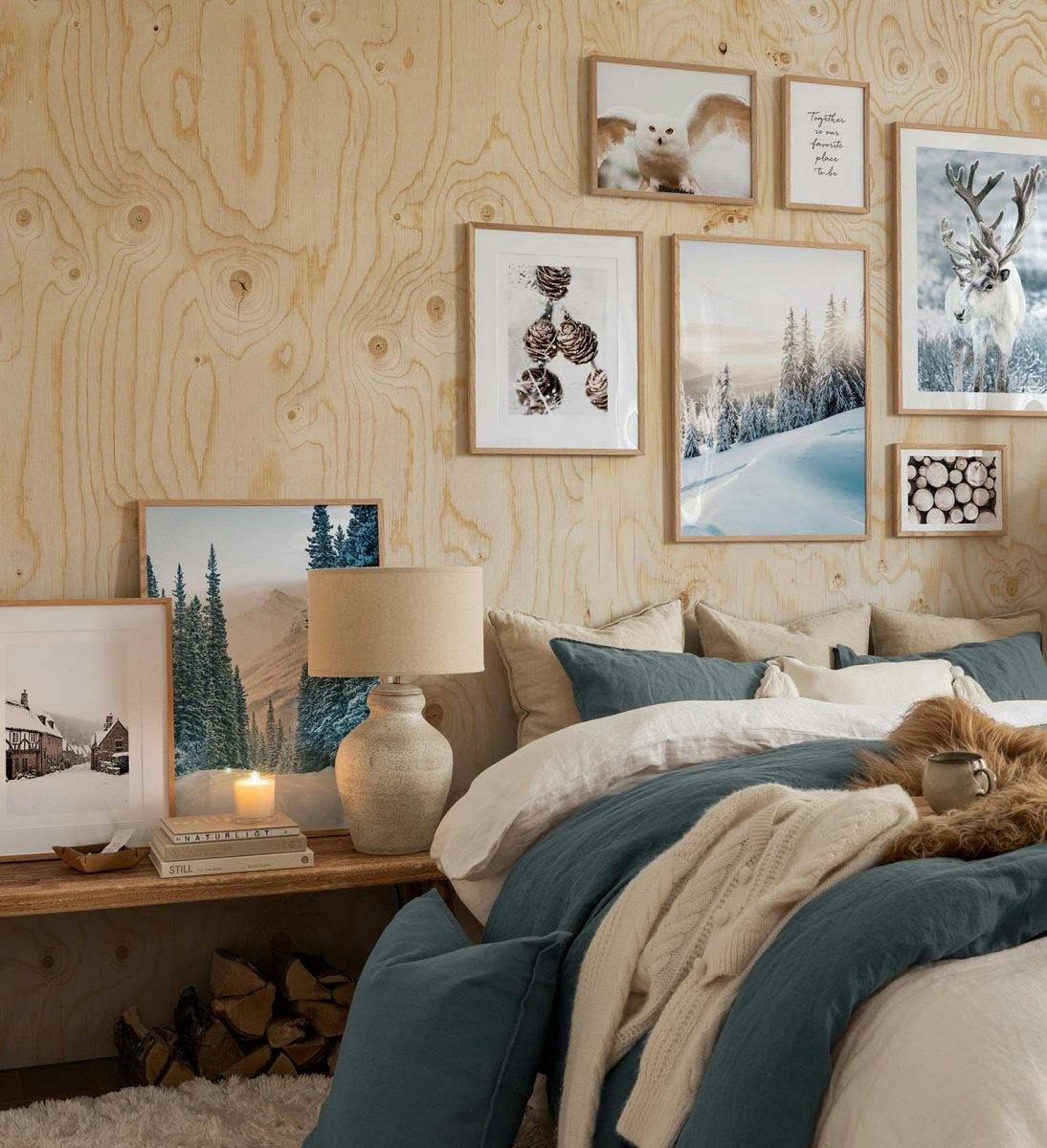 Gallery wall with winter posters in white, brown and green combined with quote prints with oak frames for bedroom (ONE SIZE) - Poster Store